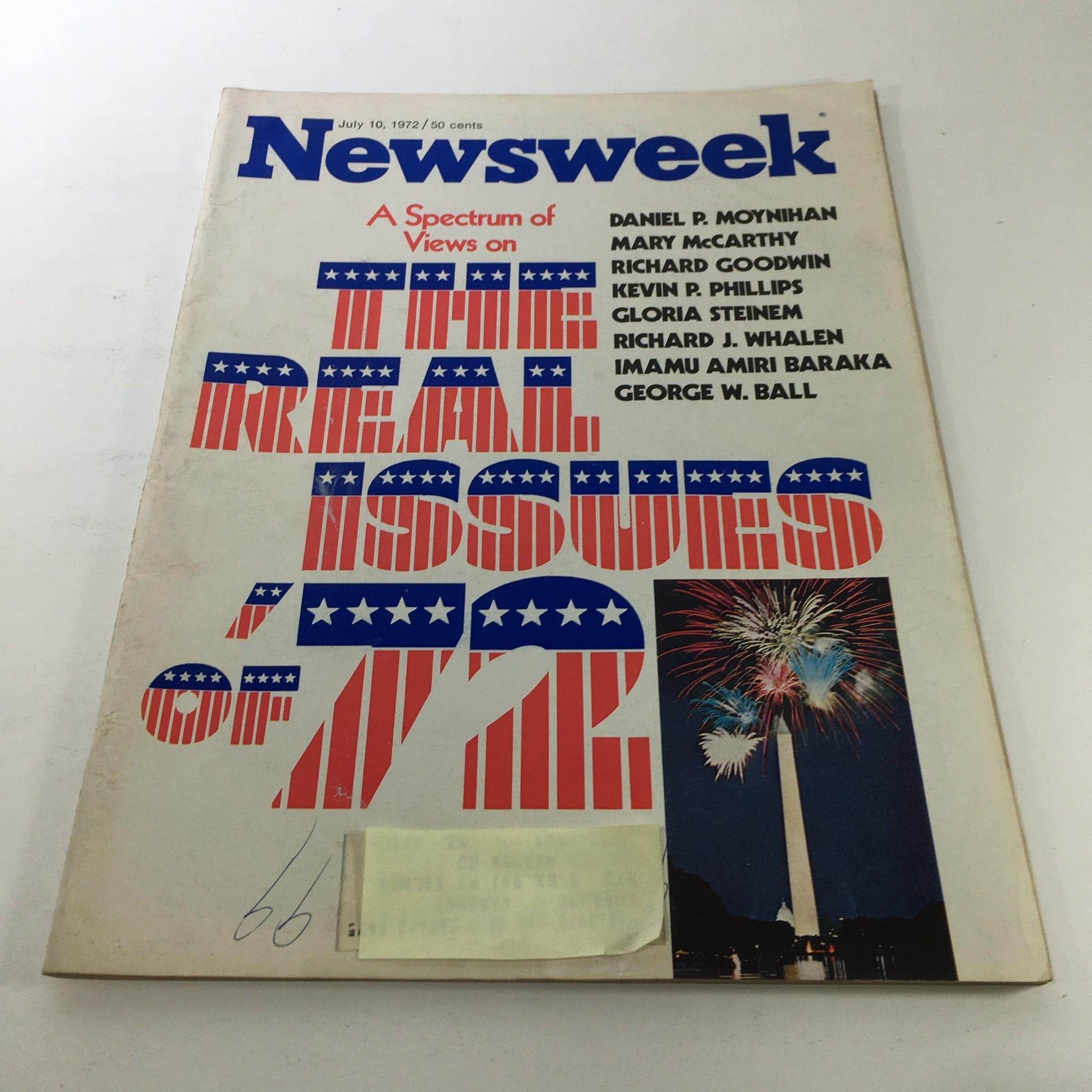 Cover of Newsweek Magazine dated July 10, 1972, featuring the title 'A Spectrum of Views on The Real Issues of 1972' along with a visual display of fireworks and national symbols, capturing the historical context of the early '70s.