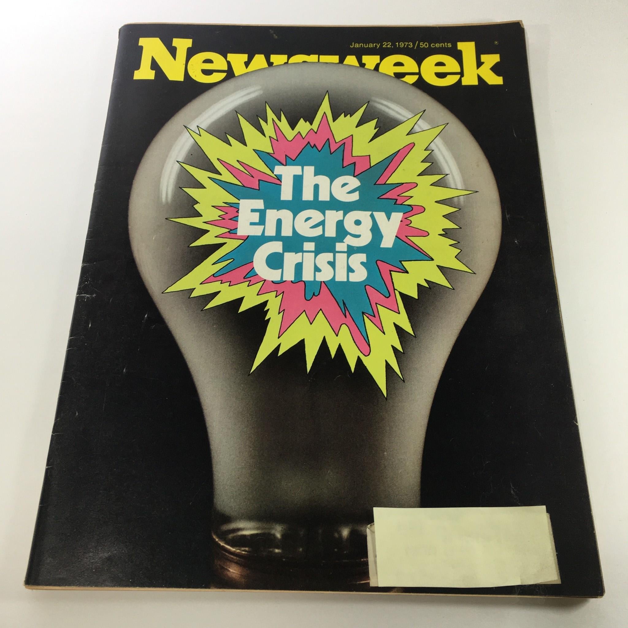 Cover of VTG Newsweek Magazine from January 22, 1973, featuring a bold graphic that highlights 'The Energy Crisis' inside a light bulb design.