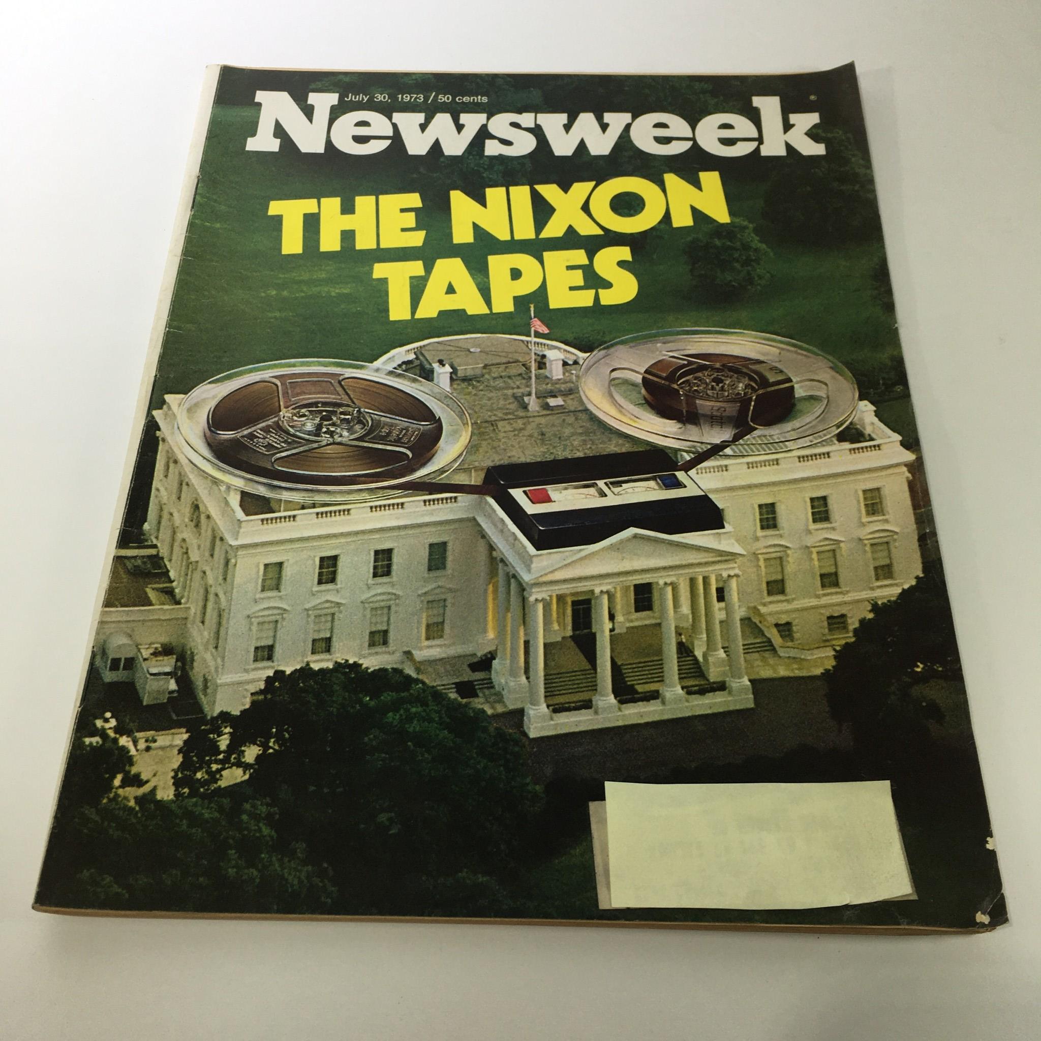 Vintage Newsweek Magazine cover from July 30, 1973, featuring 'The Nixon Tapes' with an aerial view of the White House and reel-to-reel tape recorders, reflecting the historical context of the Watergate scandal.