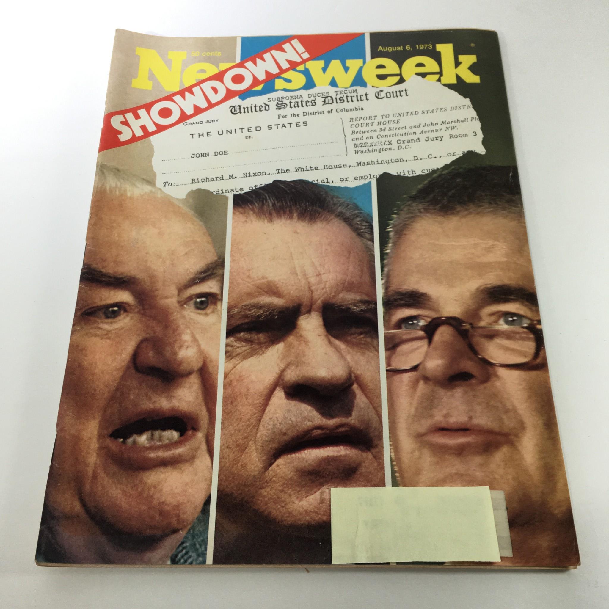 Cover of Newsweek Magazine from August 6, 1973, featuring a dramatic title 'Showdown!' with close-up images of Richard Nixon and John Doe, depicting intense expressions related to a historical political event.