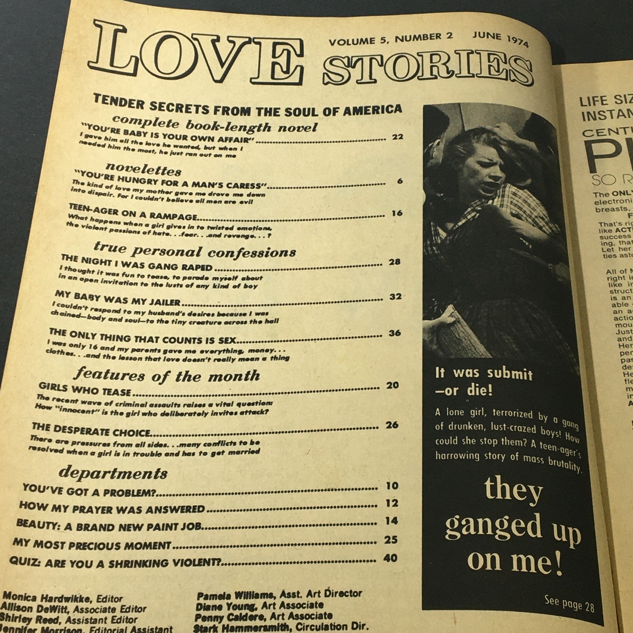Interior page of VTG Love Stories Magazine June 1974 displaying table of contents, featuring titles such as 'Tender Secrets from the Soul of America' and 'You’re Hungry for a Man’s Caress'.