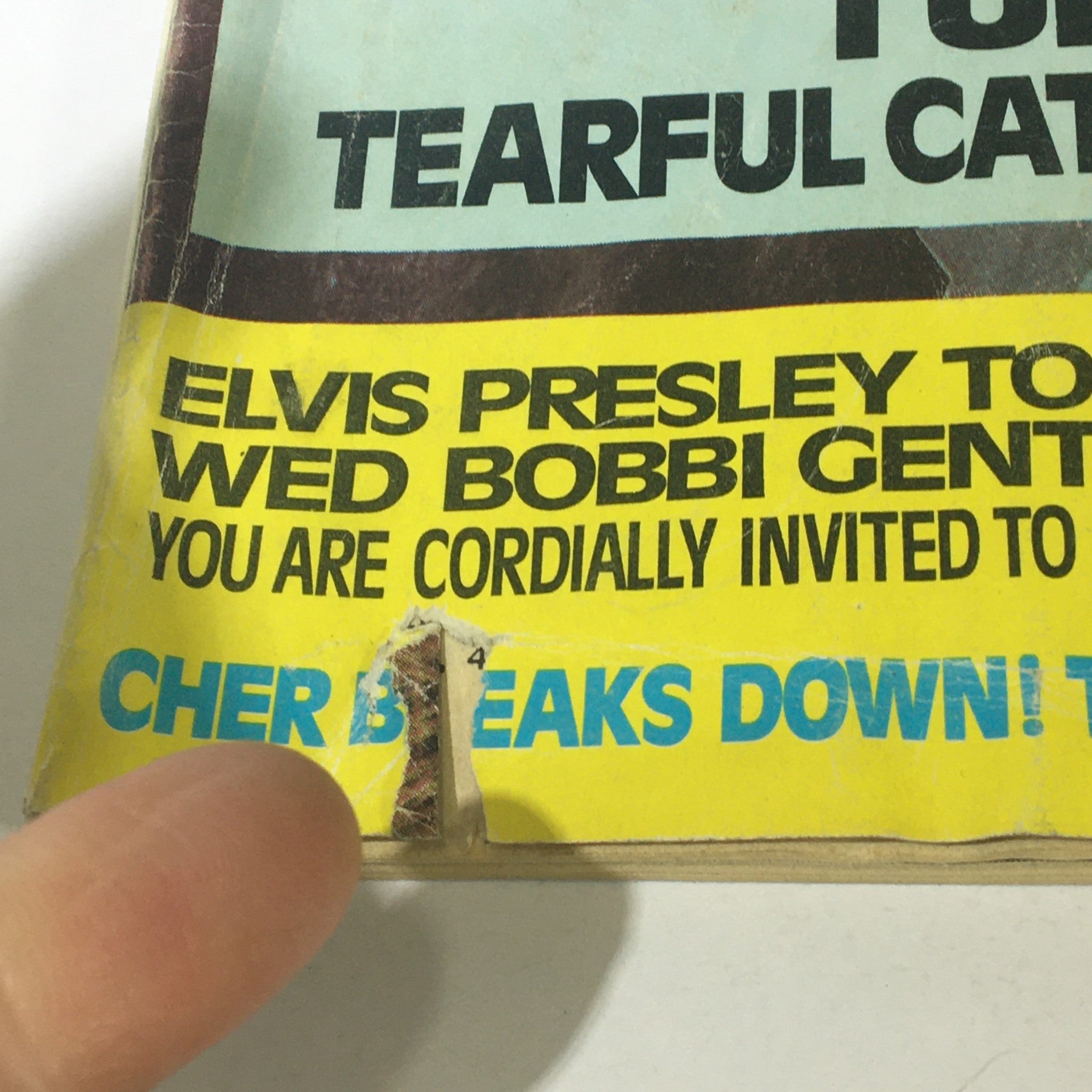 Close-up of VTG TV Radio Talk Magazine January 1974 highlighting text about Elvis Presley to wed Bobbi Gentry. The image captures the magazine's wear and tear.