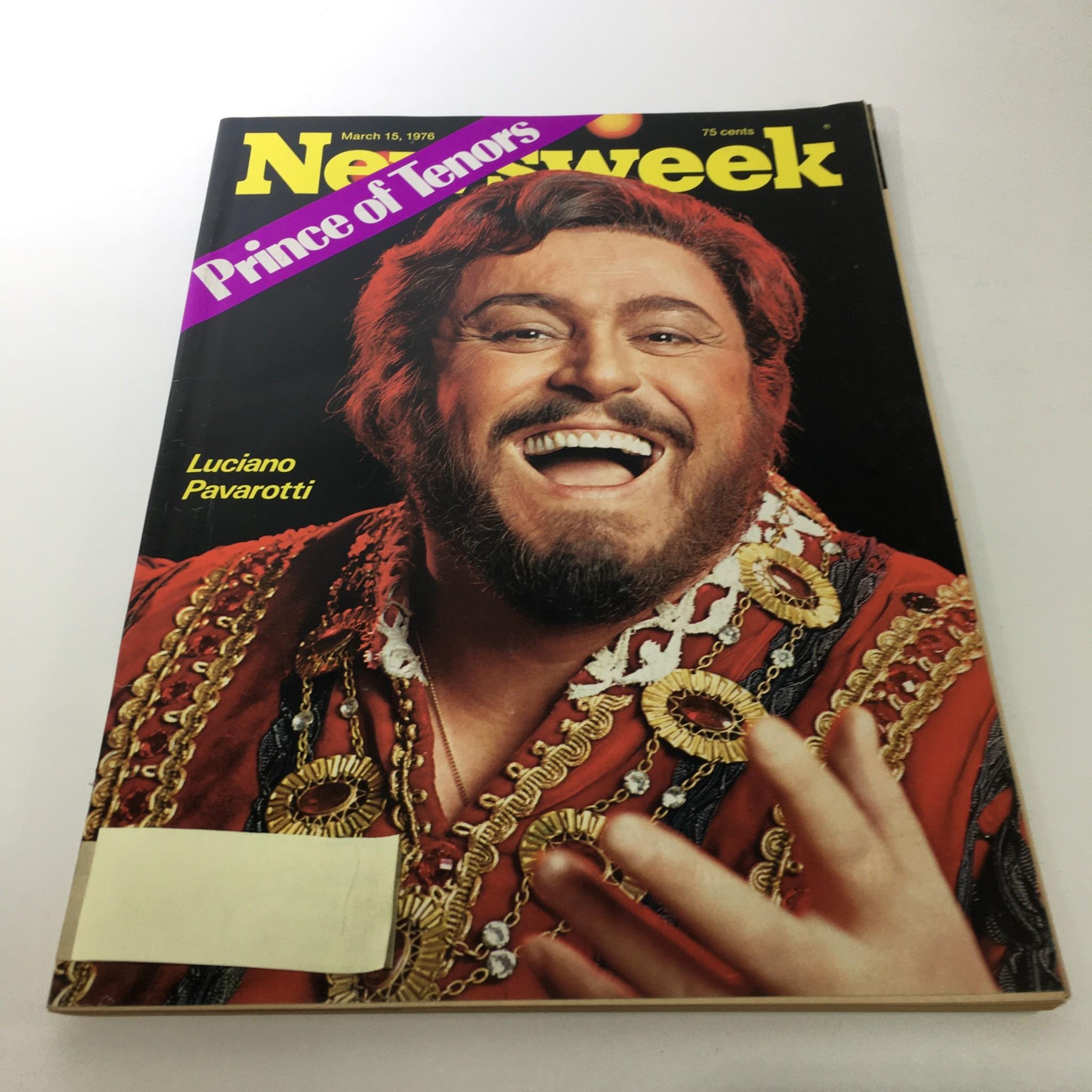Newsweek Magazine cover from March 15, 1976, featuring Luciano Pavarotti, celebrated as the 'Prince of Tenors', displaying his vibrant costume and joyful expression.