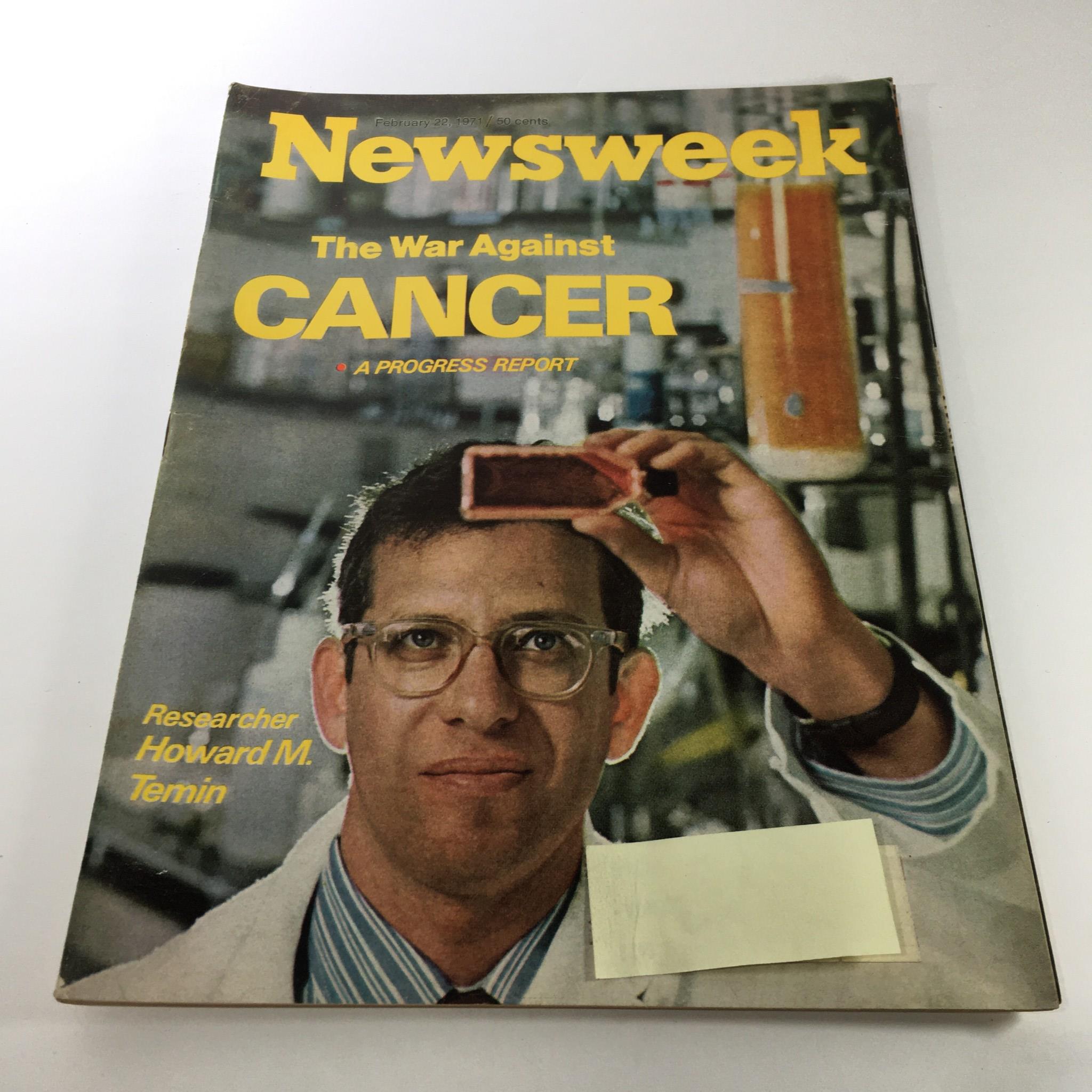 Cover of Newsweek Magazine from February 22, 1971, featuring an article titled 'The War Against Cancer' by Howard M. Temin. The image shows a researcher holding a slide against a laboratory background, highlighting medical advancements in cancer research.