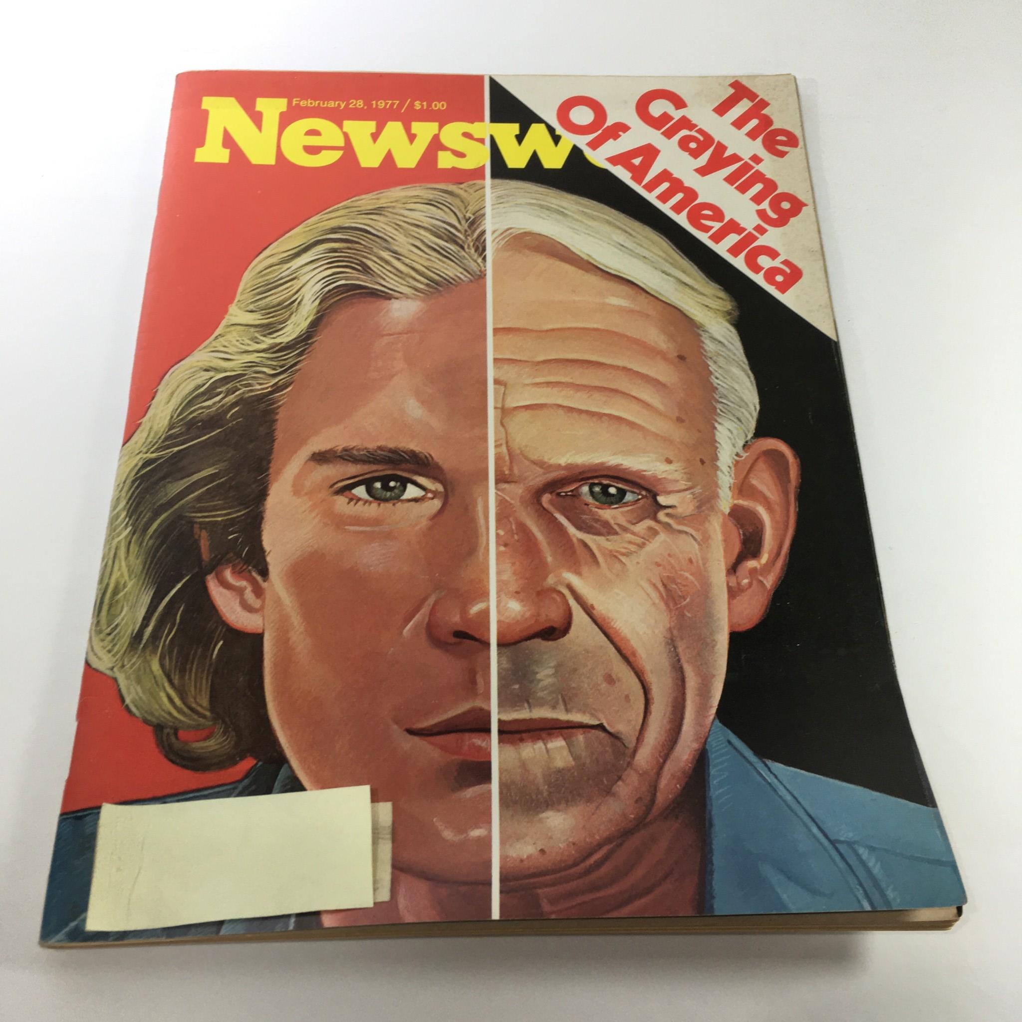 Vintage Newsweek Magazine cover from February 28, 1977, featuring the title 'The Graying of America' with a striking split-image illustration of a young man and an elderly man, highlighting the theme of aging in America.