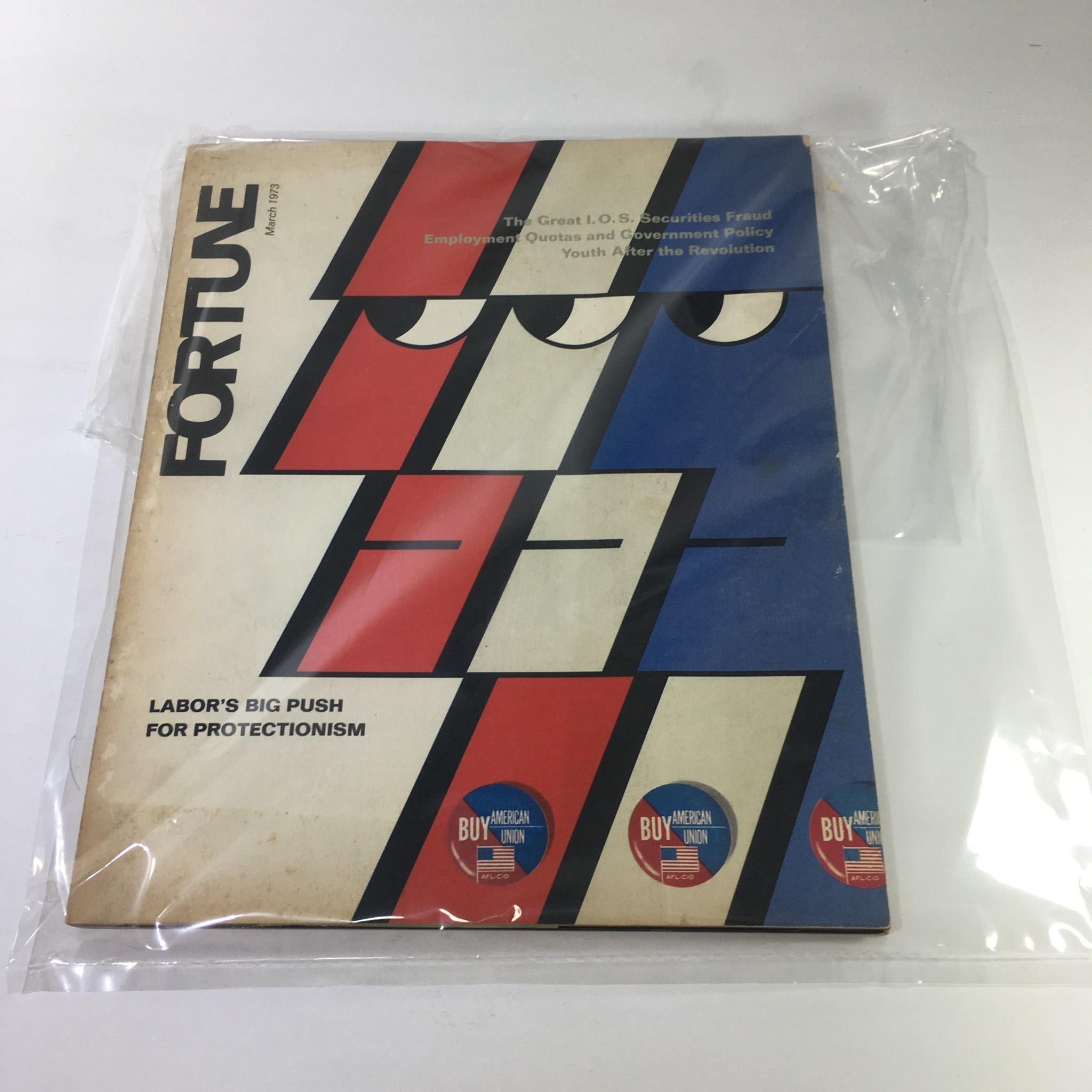 Cover of Fortune Magazine from March 1973 featuring the title 'Labor's Big Push For Protectionism'. The cover displays a graphic design with red, white, and blue colors, along with stickers promoting 'Buy American Union'.