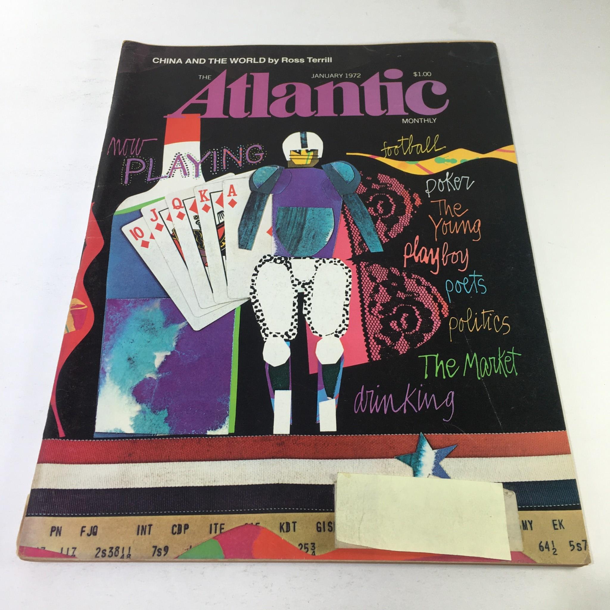 The Atlantic Magazine cover from January 1972 featuring a vibrant graphic design with an illustration of a football player, playing cards, and colorful text. The title reads 'China and The World by Ross Terrill.' Suitable for collectors and enthusiasts of vintage magazines.