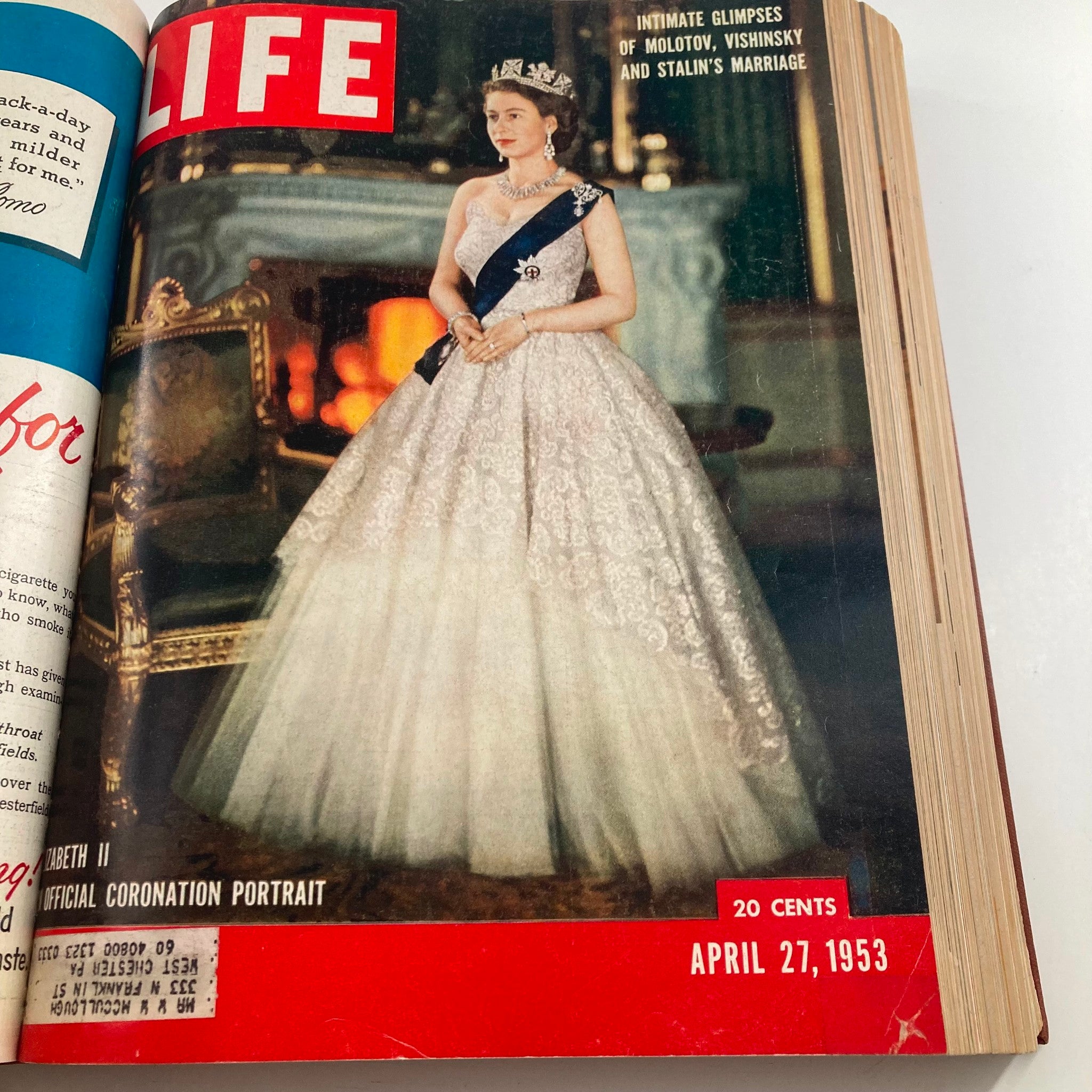 VTG 1953 Bound Life Magazine April - June Weekly Issue showcasing Queen Elizabeth II's coronation portrait on the cover, dated April 27, 1953.