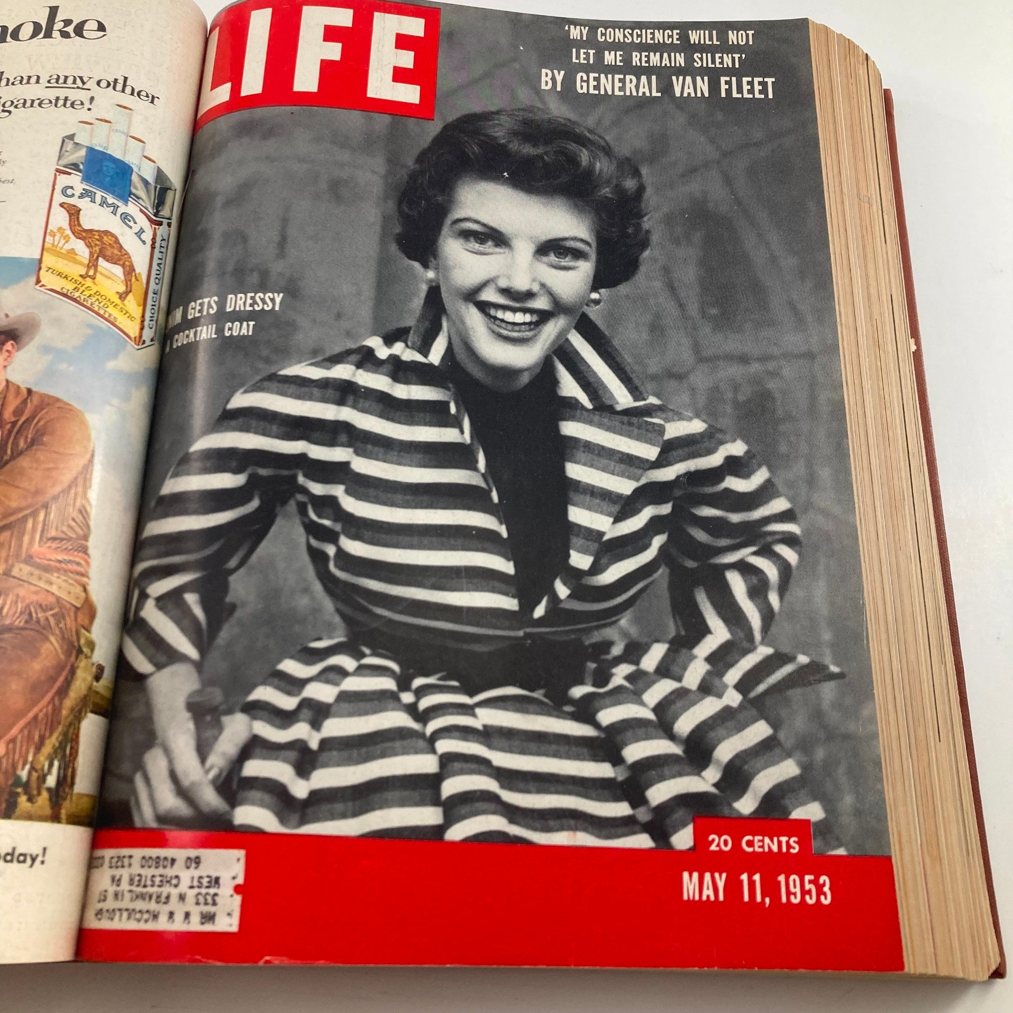 VTG 1953 Bound Life Magazine April - June Weekly Issue featuring a smiling woman in a striped coat on the cover, dated May 11, 1953.