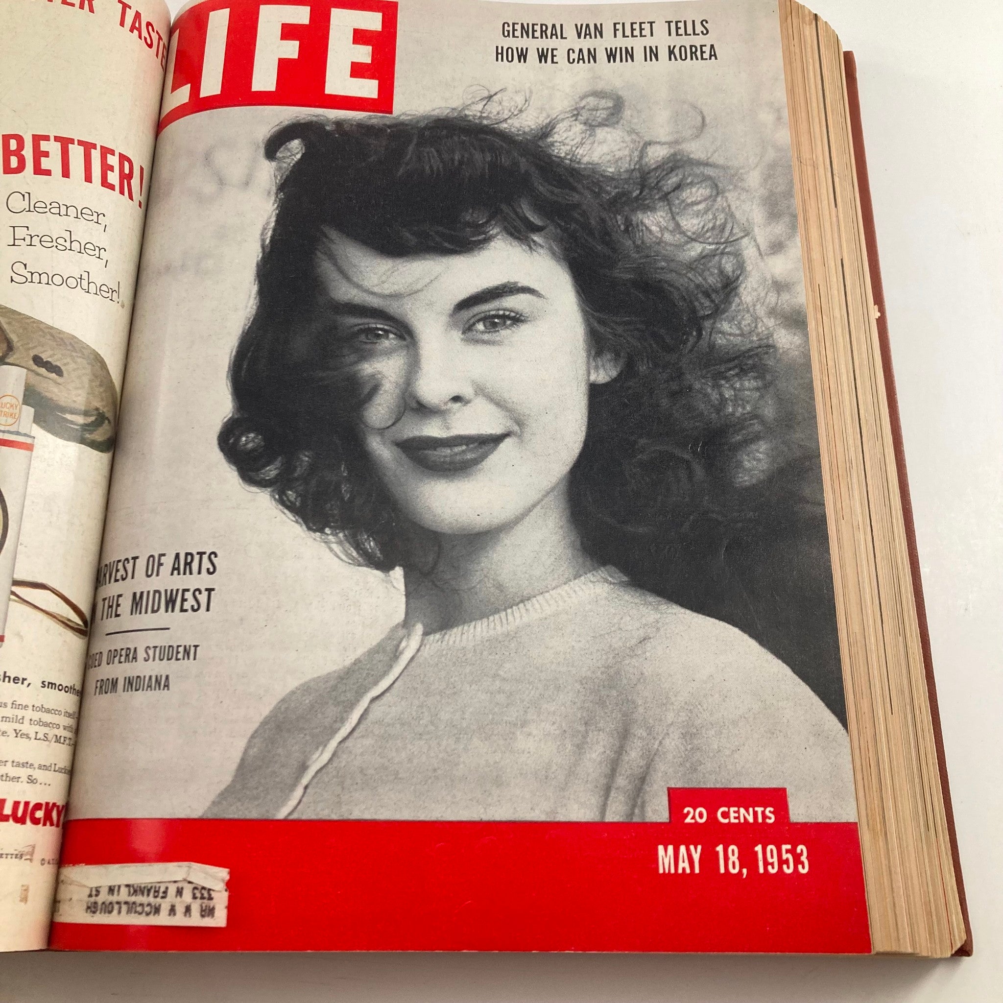 VTG 1953 Bound Life Magazine April - June Weekly Issue with a cover image of a young woman smiling, dated May 18, 1953.