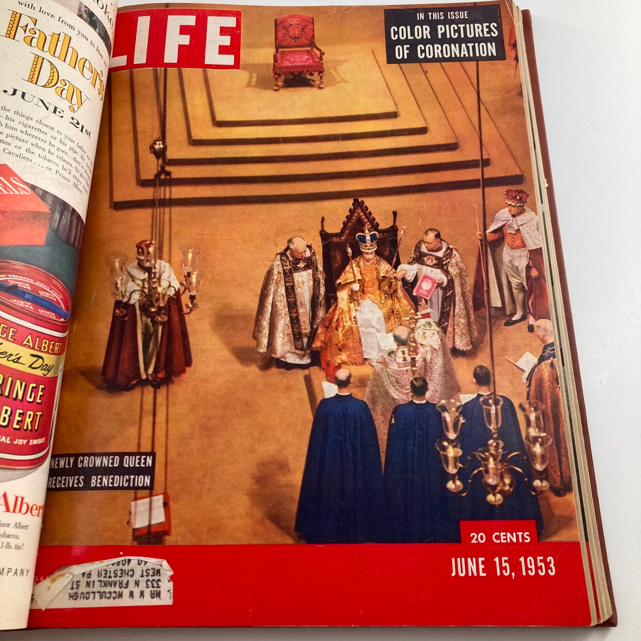 VTG 1953 Bound Life Magazine April - June Weekly Issue - Cover depicting the Coronation ceremony featuring Queen Elizabeth II from the June 15, 1953 issue.
