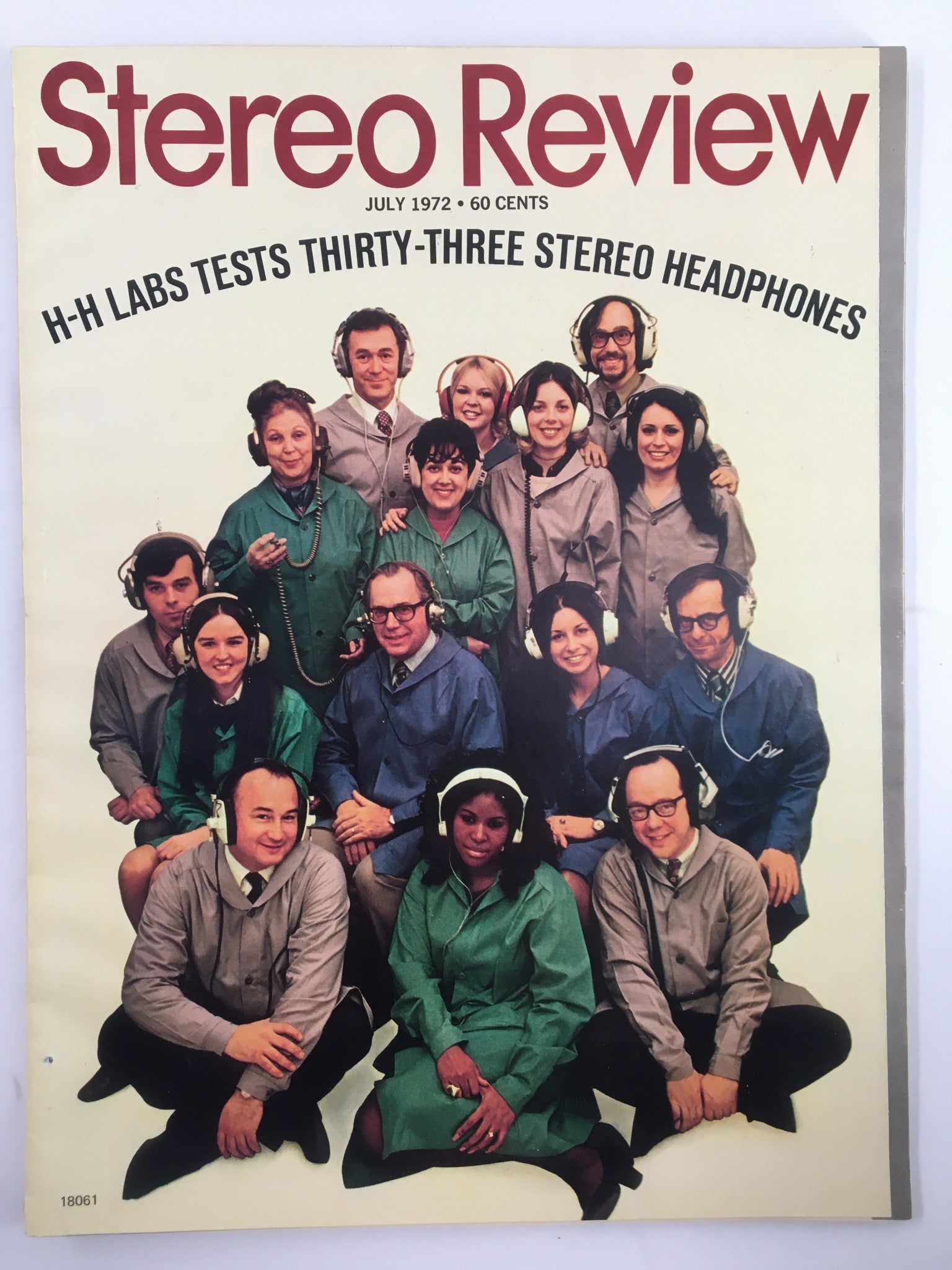 Cover of VTG Stereo Review Magazine July 1972 featuring a group photograph of individuals testing thirty-three stereo headphones from H-H Labs.