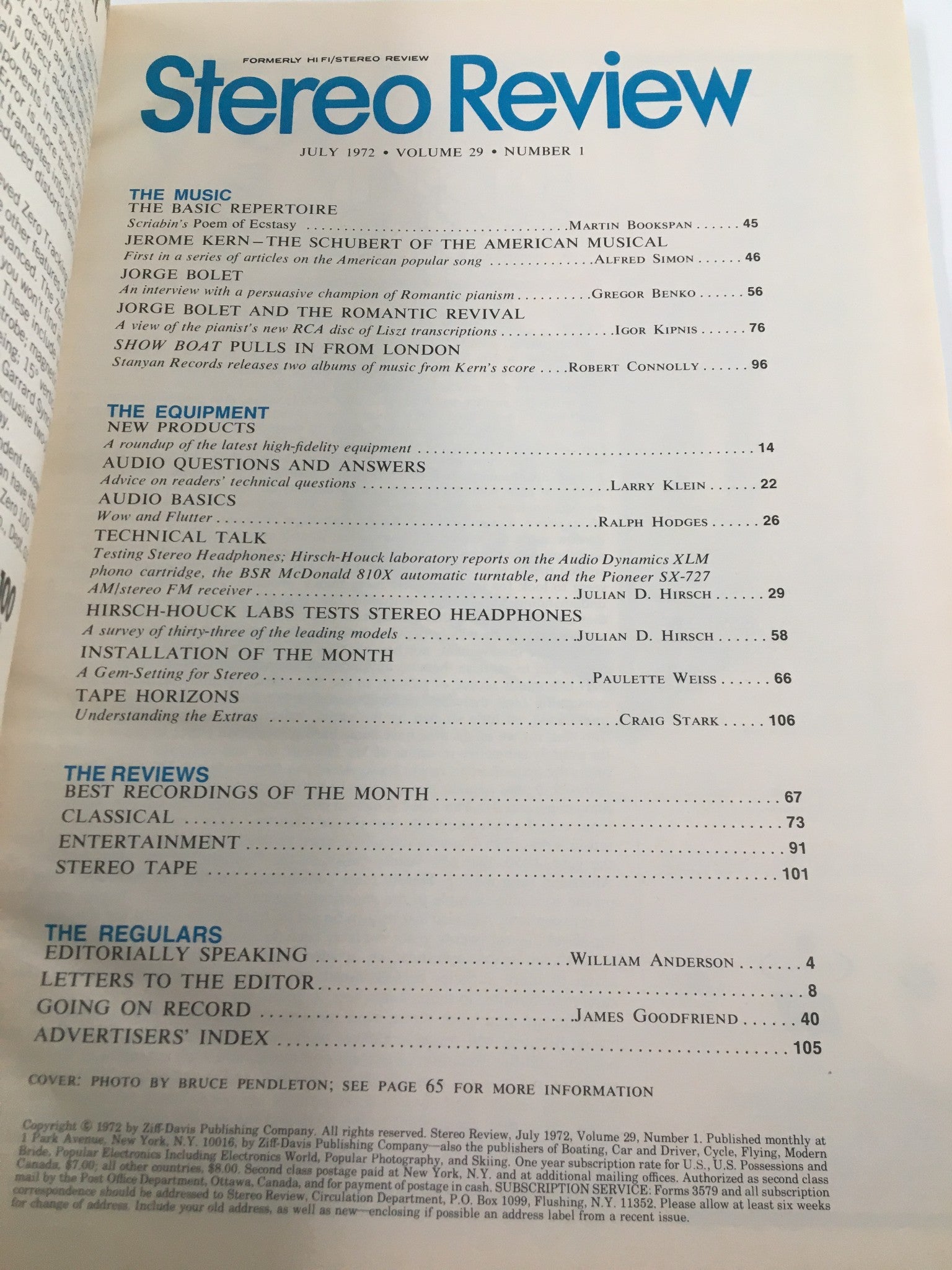 Table of contents from VTG Stereo Review Magazine July 1972, showcasing articles and reviews related to music and audio equipment.