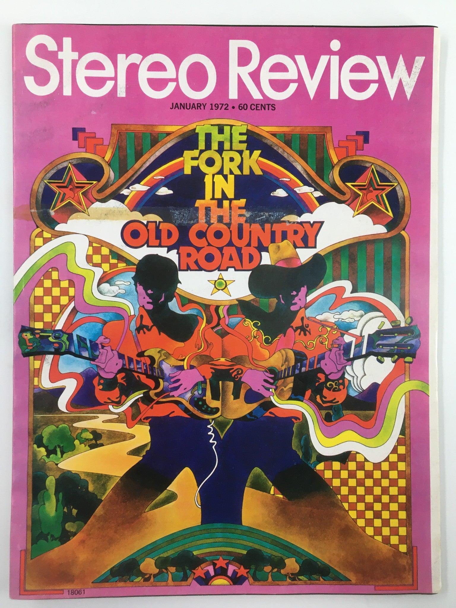 Cover of Vintage Stereo Review Magazine January 1972 titled "The Fork in The Old Country Road" featuring vibrant psychedelic artwork and musicians with guitars.