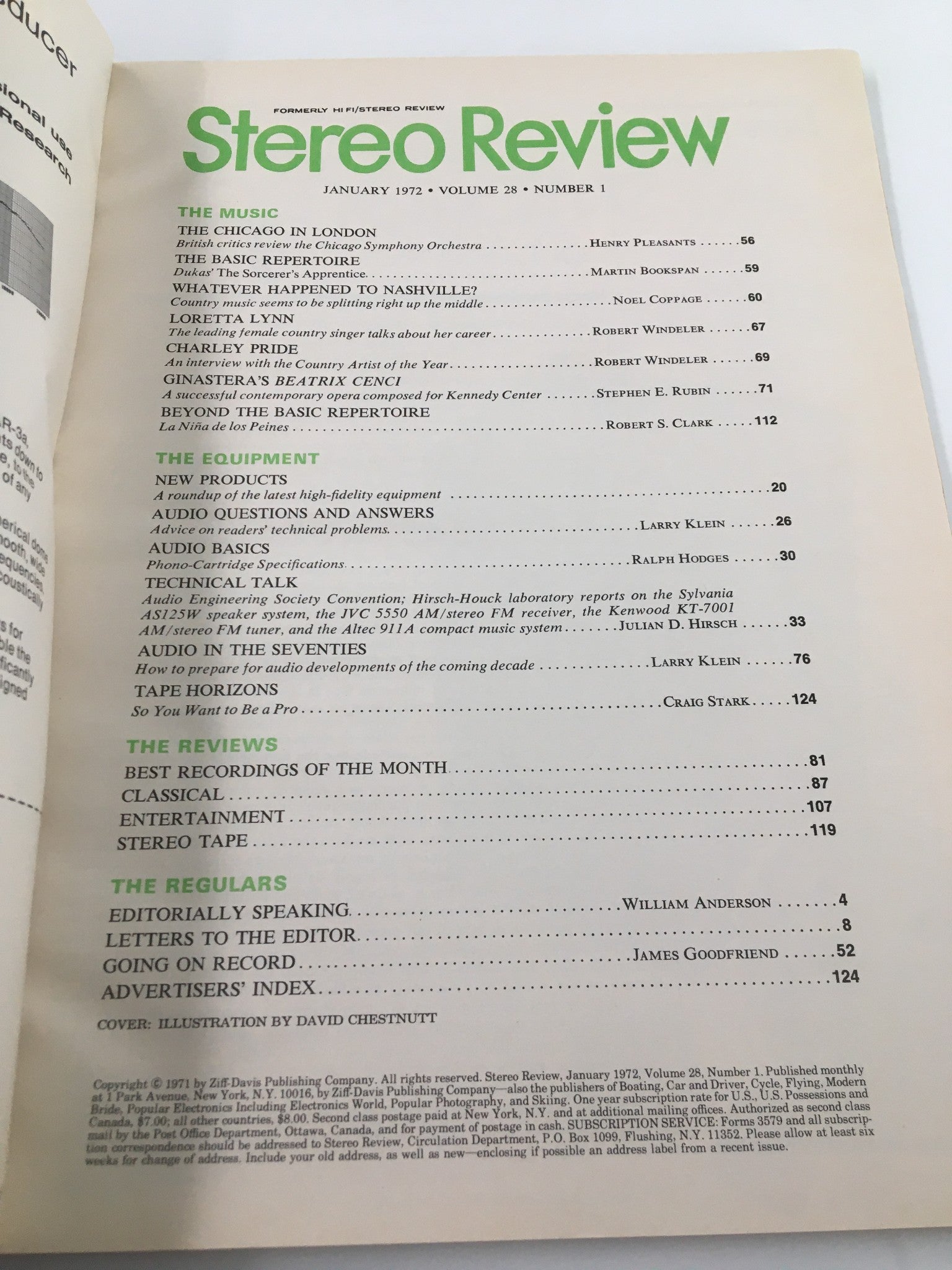 Table of contents page of Vintage Stereo Review Magazine January 1972, detailing articles and features about music, audio equipment, and industry insights.