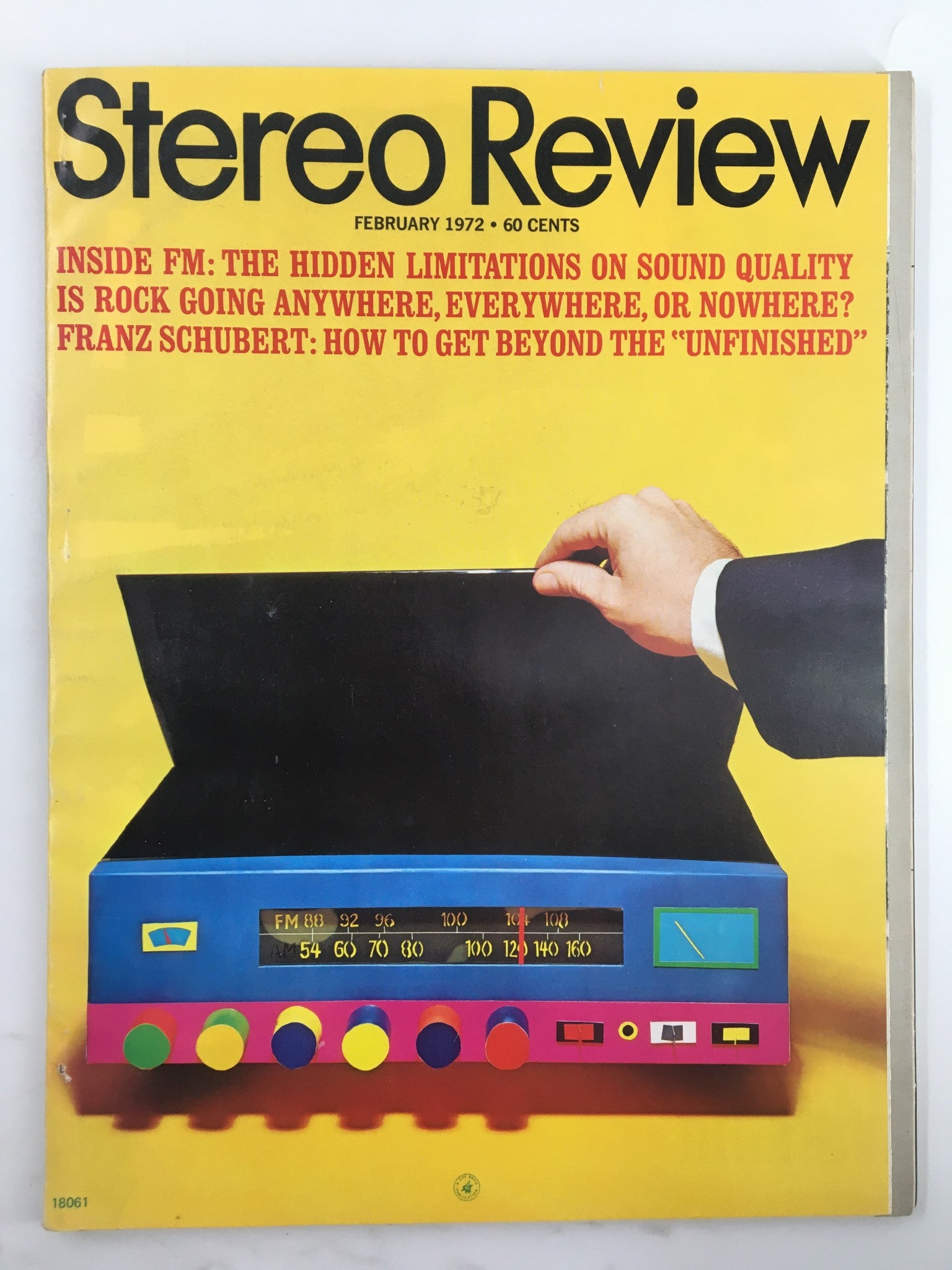 Cover of the VTG Stereo Review Magazine February 1972 featuring an article on Franz Schubert's 'Unfinished' Symphony, with vibrant colors and retro design elements typical of the 1970s, showcasing a radio with colorful knobs and background.