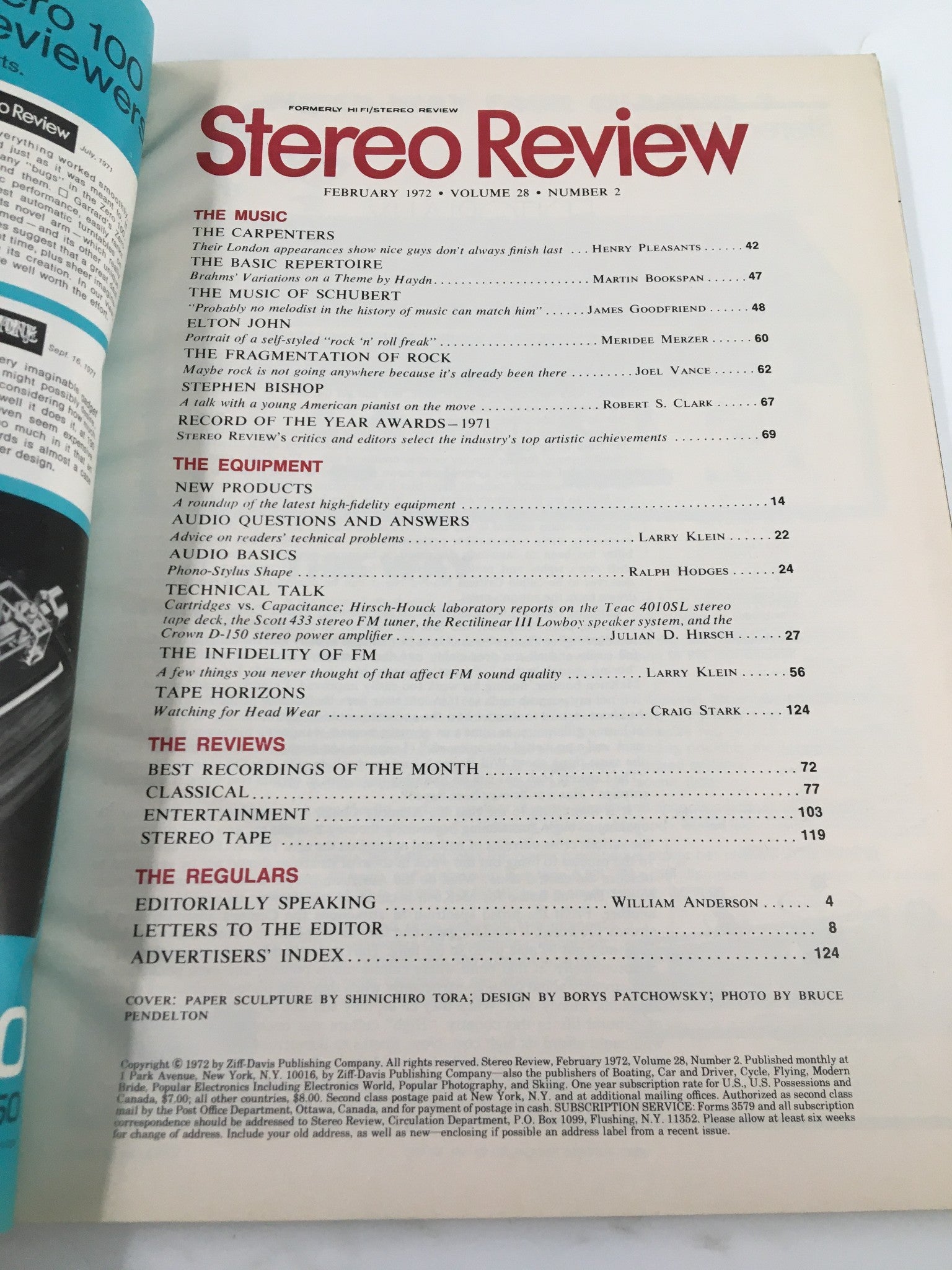 Cover page of VTG Stereo Review Magazine from February 1972, featuring articles on The Music of Schubert and reviews of classical music, showcasing the magazine's vibrant design typical of the 1970s.