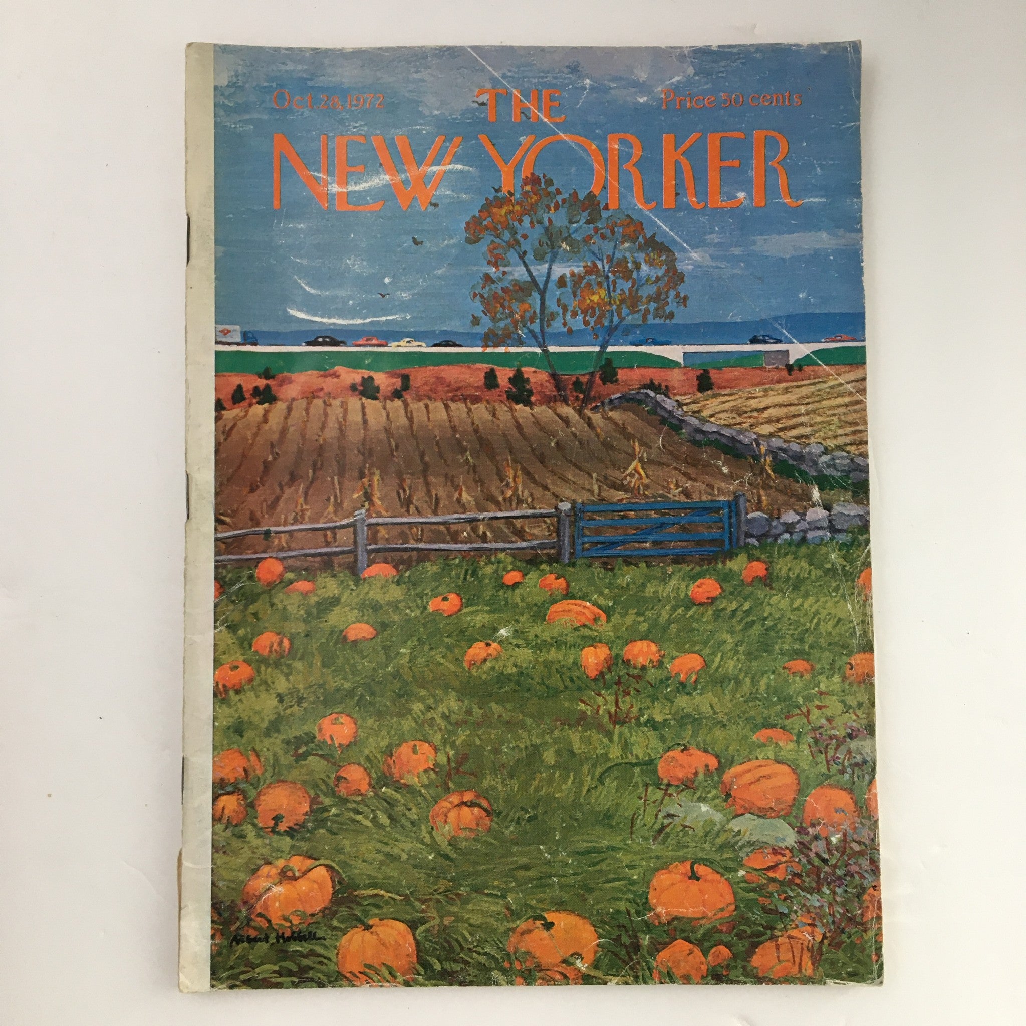 Cover of The New Yorker Magazine for October 28, 1972, featuring a vibrant illustration of a pumpkin-filled field with a blue sky and trees.