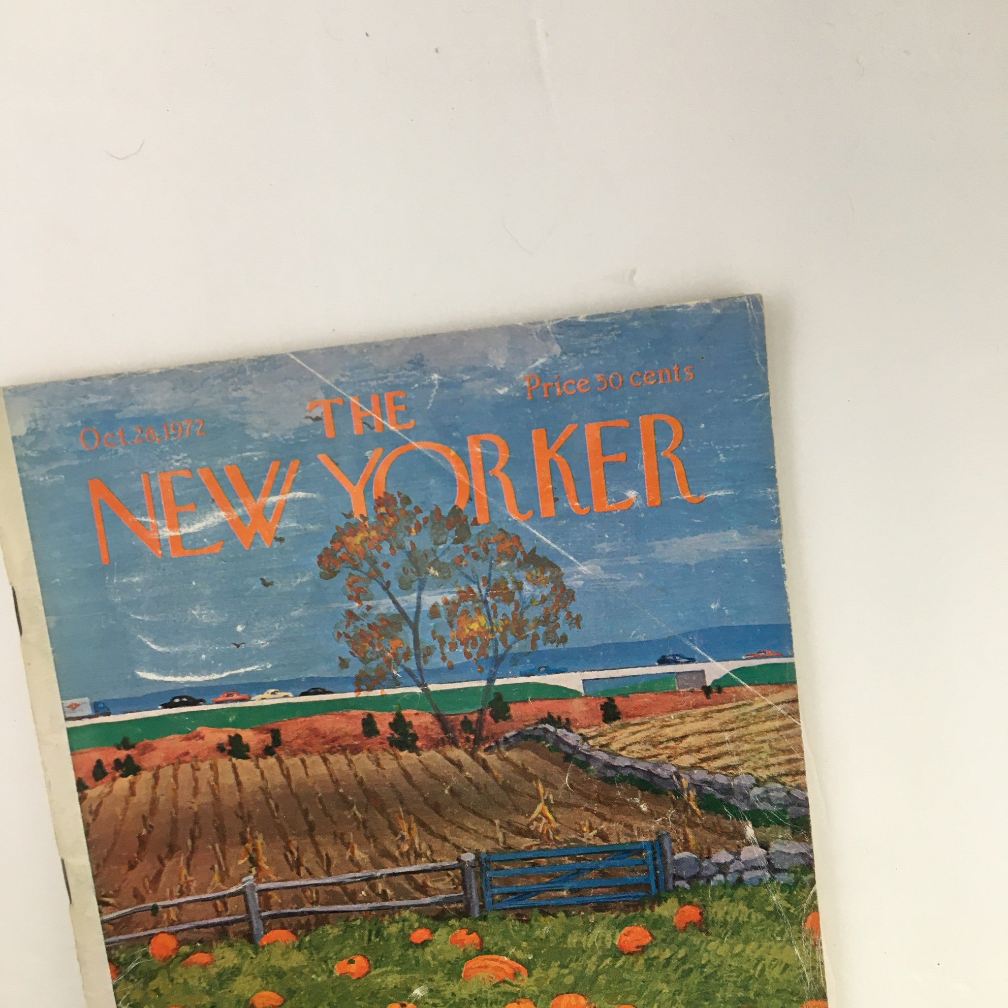 Close-up view of The New Yorker Magazine cover for October 28, 1972, showcasing the All Hallows theme with artistic details of pumpkins and a scenic landscape.