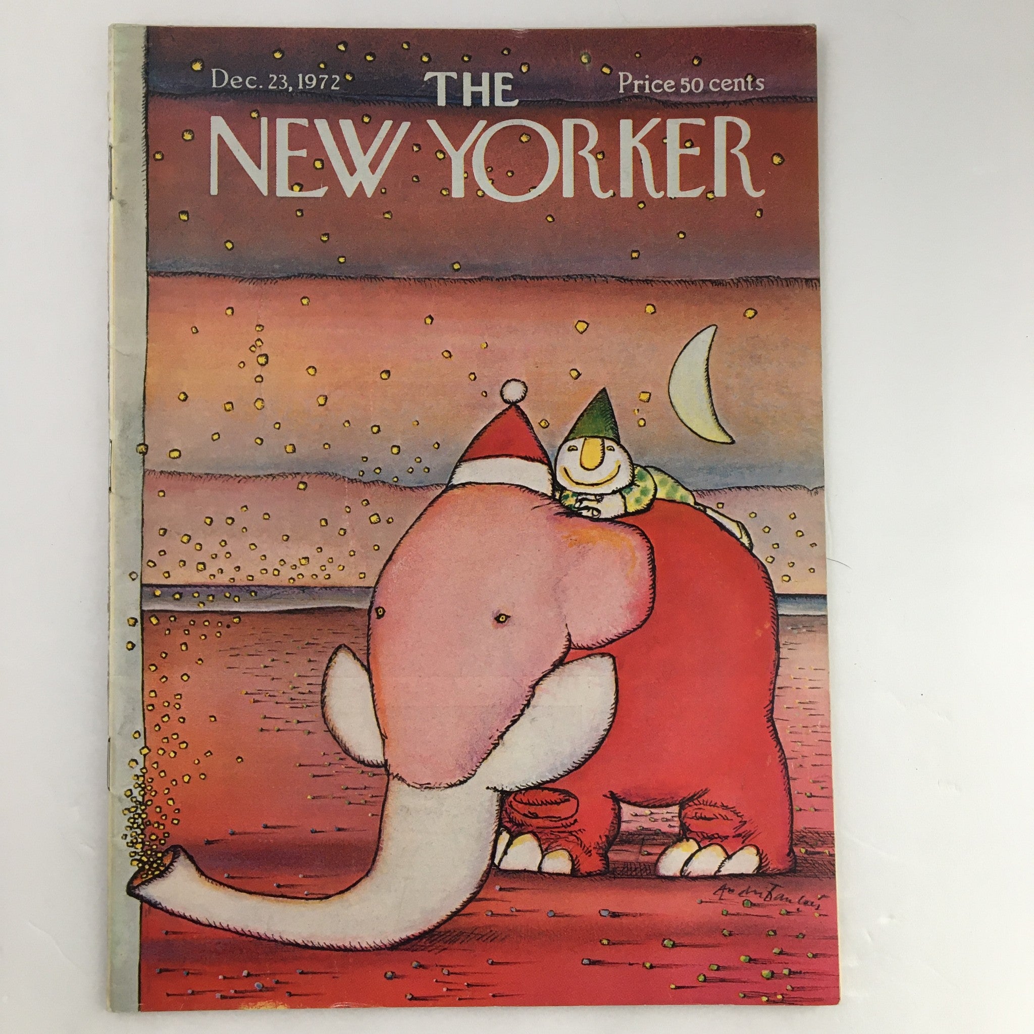 The New Yorker Magazine December 23 1972 cover featuring whimsical artwork by André François, showcasing a pink elephant wearing a Santa hat with a child on its back against a festive background.