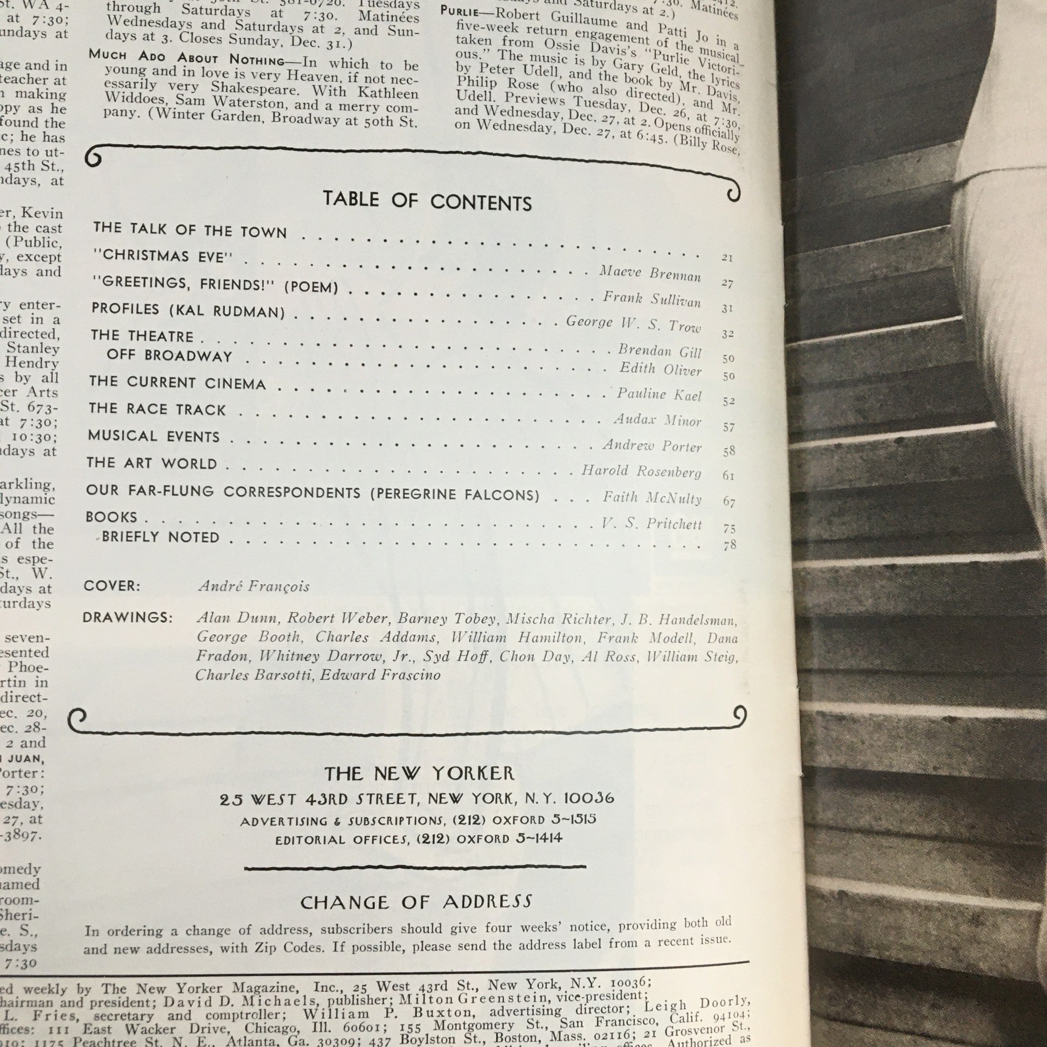 The New Yorker Magazine December 23 1972 interior page displaying the table of contents, highlighting articles and the cover artist André François.