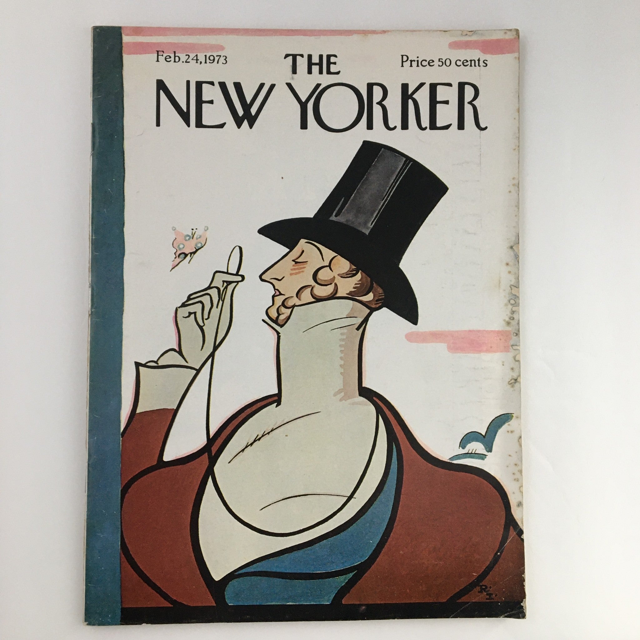 Cover of The New Yorker Magazine February 24 1973 featuring the illustration by Rea Irvin, showcasing an elegant figure in a top hat with a playful expression, reflecting the artistic style of the 1970s.