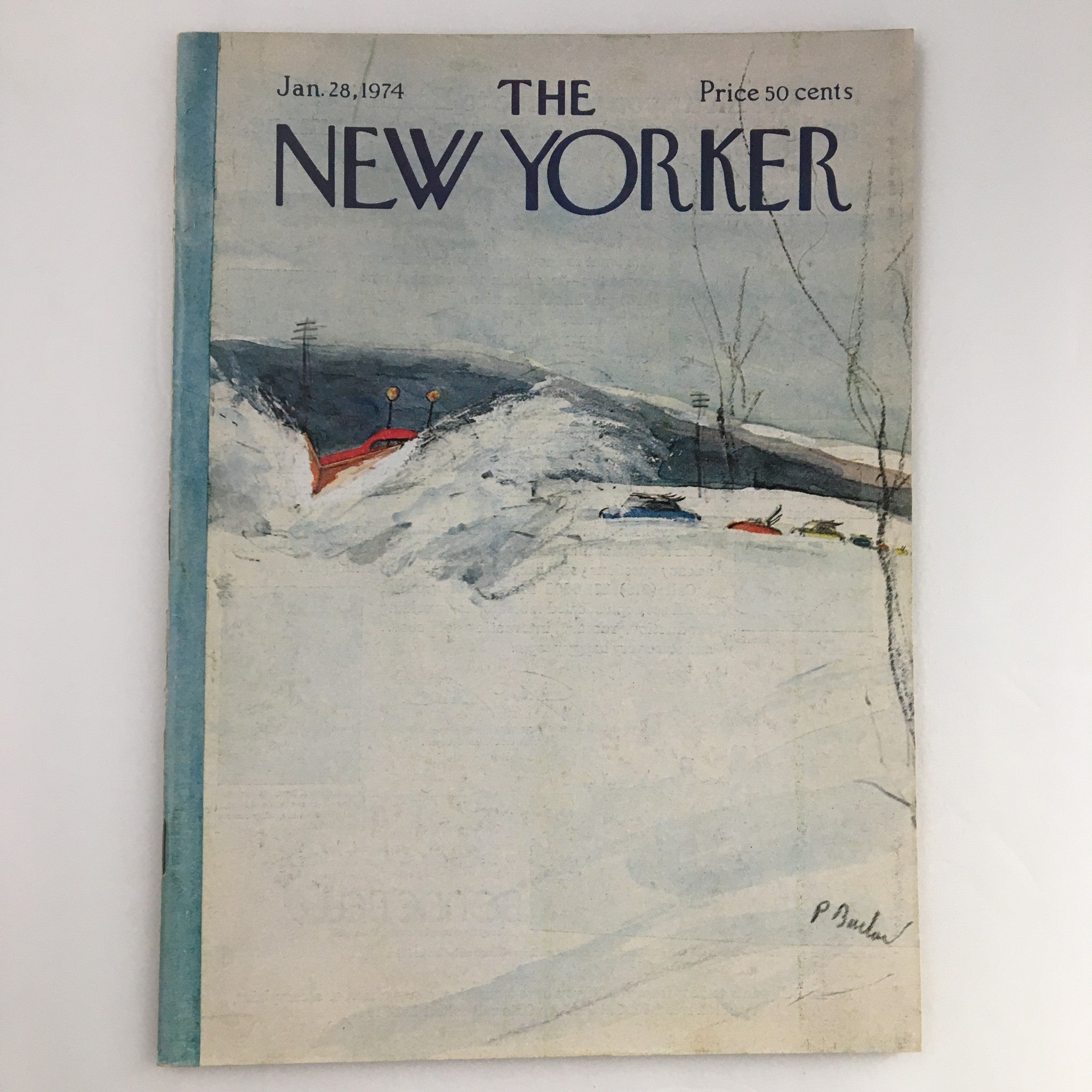 The New Yorker Magazine January 28 1974 full cover featuring artwork by Perry Barlow, showcasing a snowy landscape with vehicles.