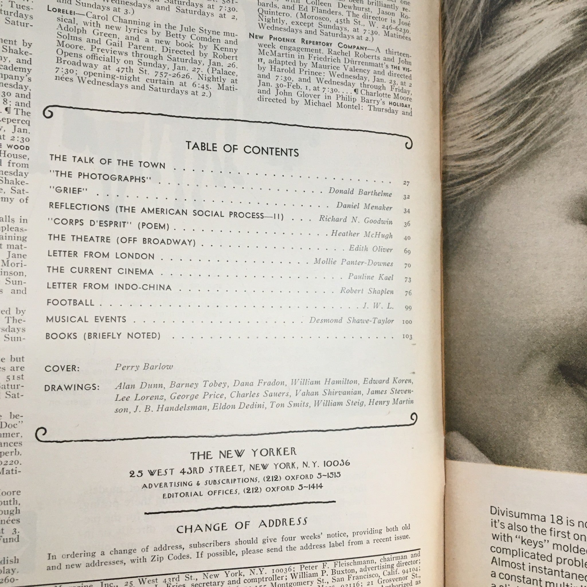 Inside page of The New Yorker Magazine January 28 1974 displaying the table of contents and acknowledging cover artist Perry Barlow.