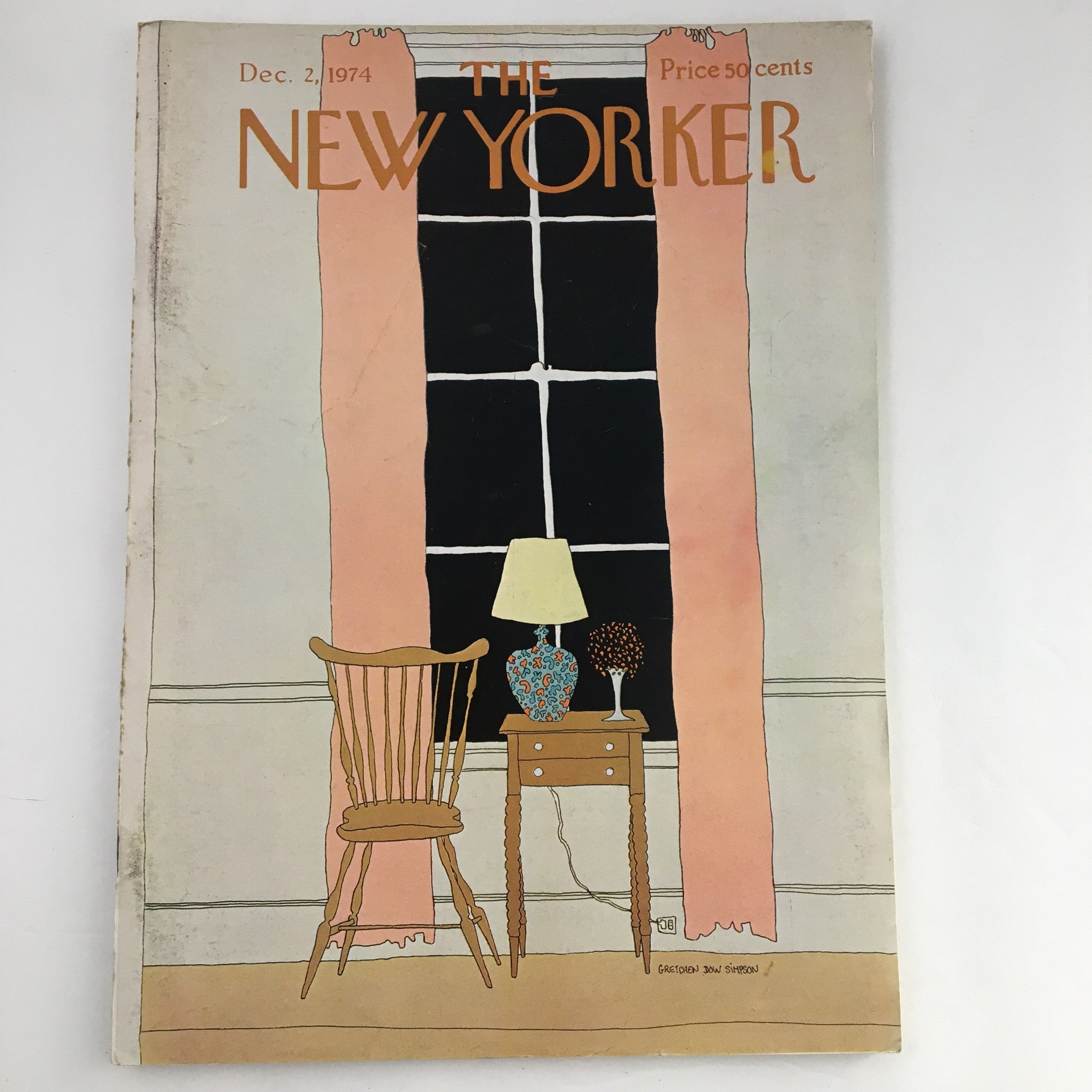 Cover of The New Yorker Magazine, December 2, 1974, featuring artwork by Gretchen Dow Simpson, depicting a cozy interior with a chair, lamp, and floral vase.