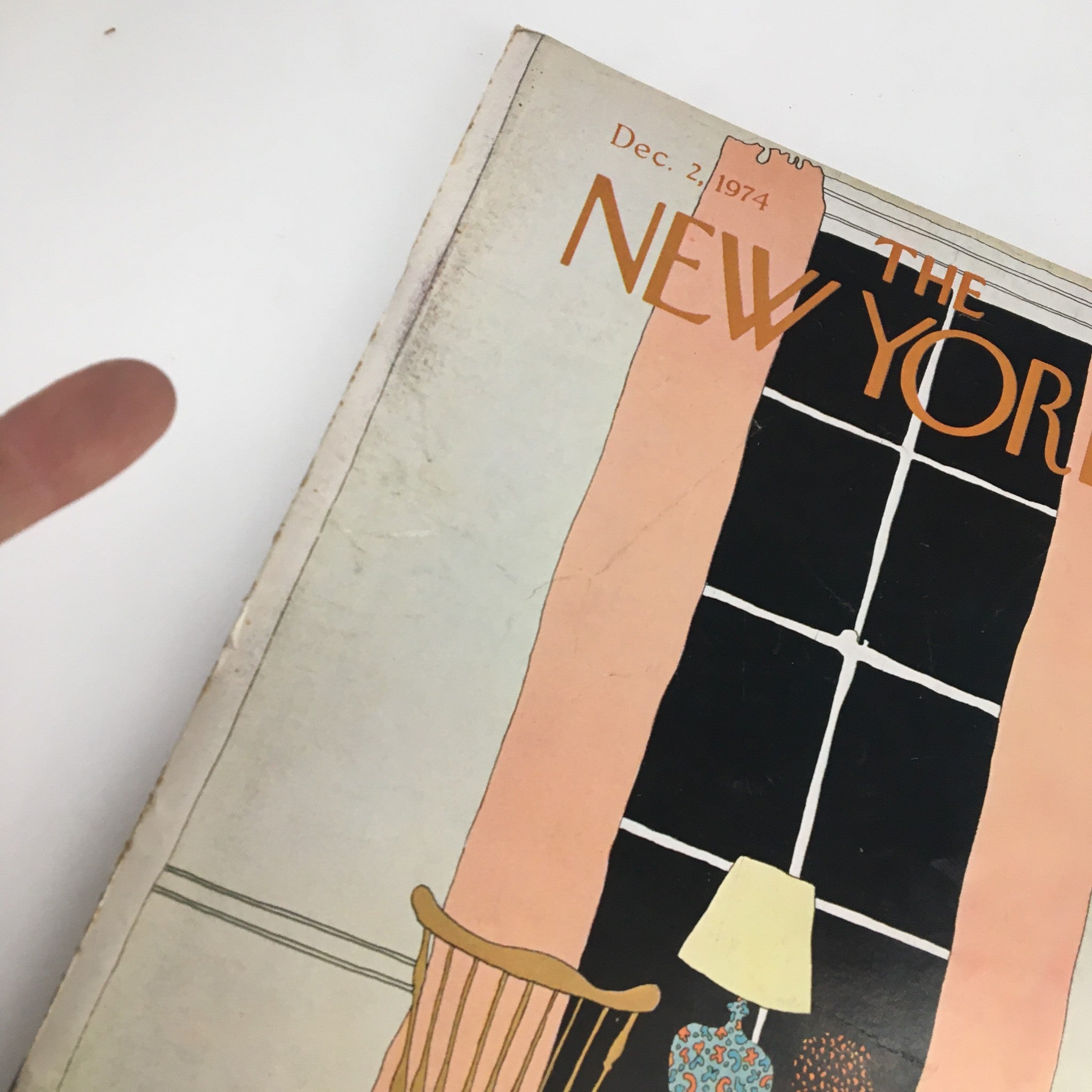 Close-up view of The New Yorker Magazine cover from December 2, 1974, showcasing the title and artwork by Gretchen Dow Simpson.