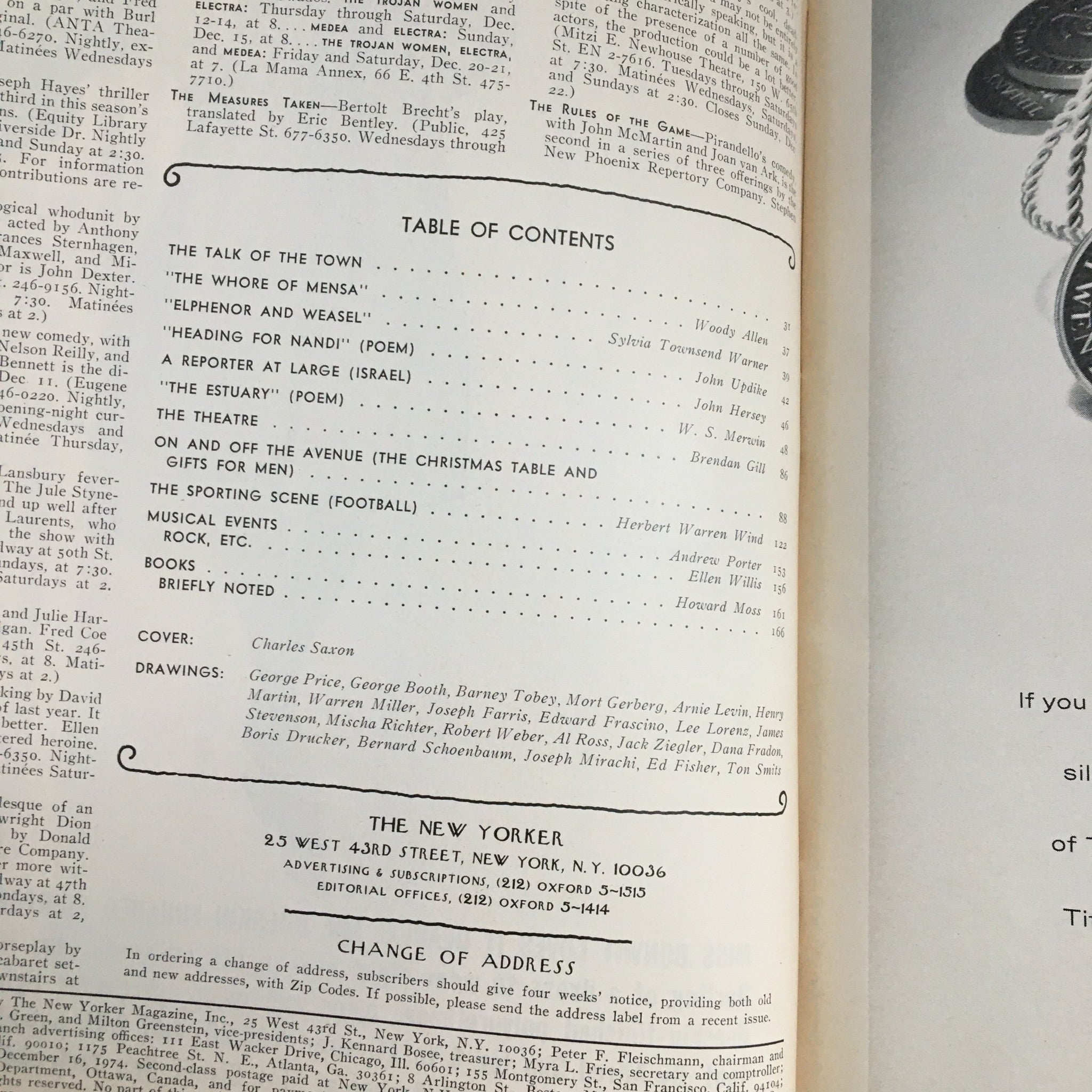 Table of contents page from The New Yorker Magazine December 16, 1974, including details of articles and illustrations, showcasing the magazine's rich literary offerings.