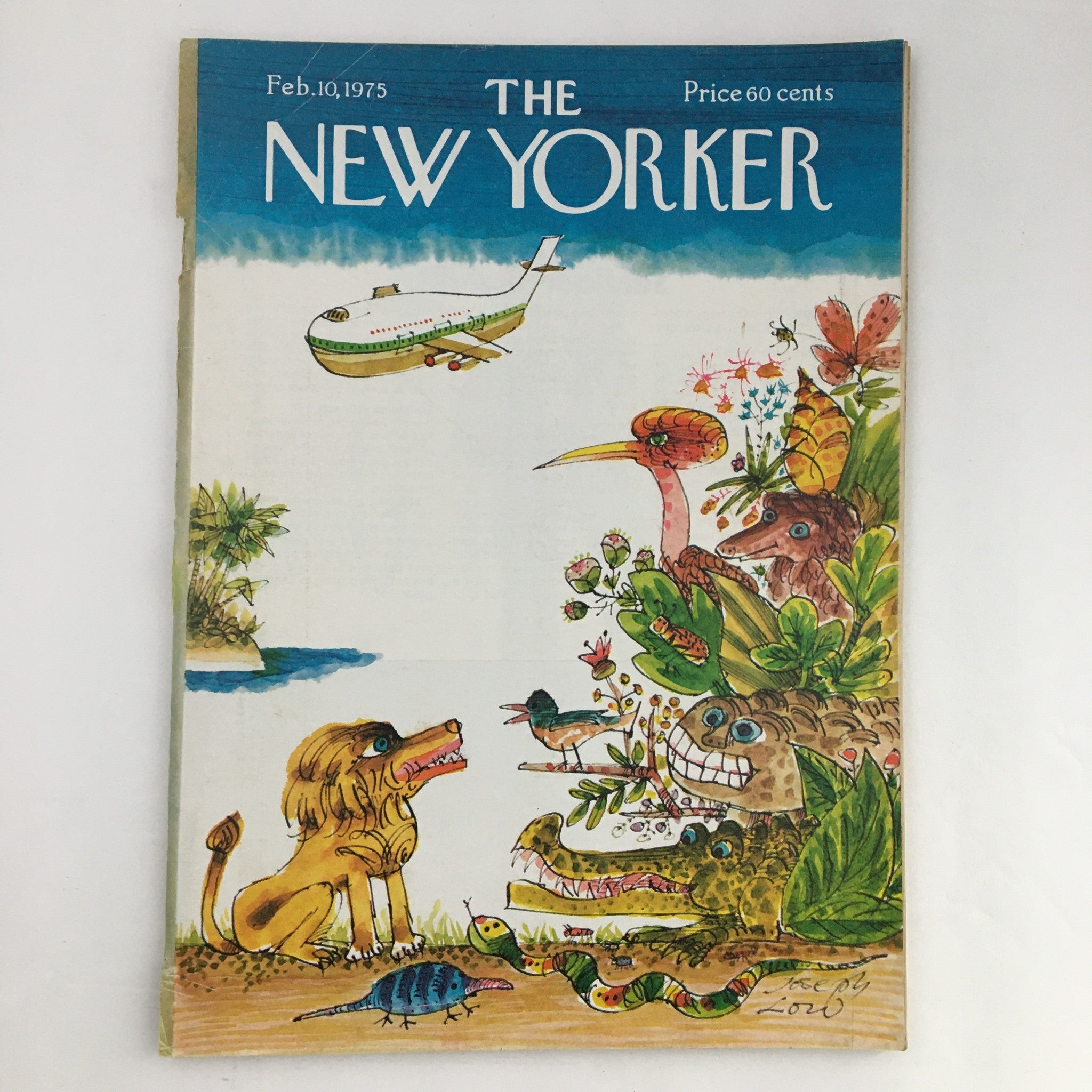 Cover of The New Yorker Magazine from February 10, 1975, featuring the vibrant artwork titled 'King of Jungle' by Joseph Low, showcasing a lion surrounded by colorful flora and fauna.