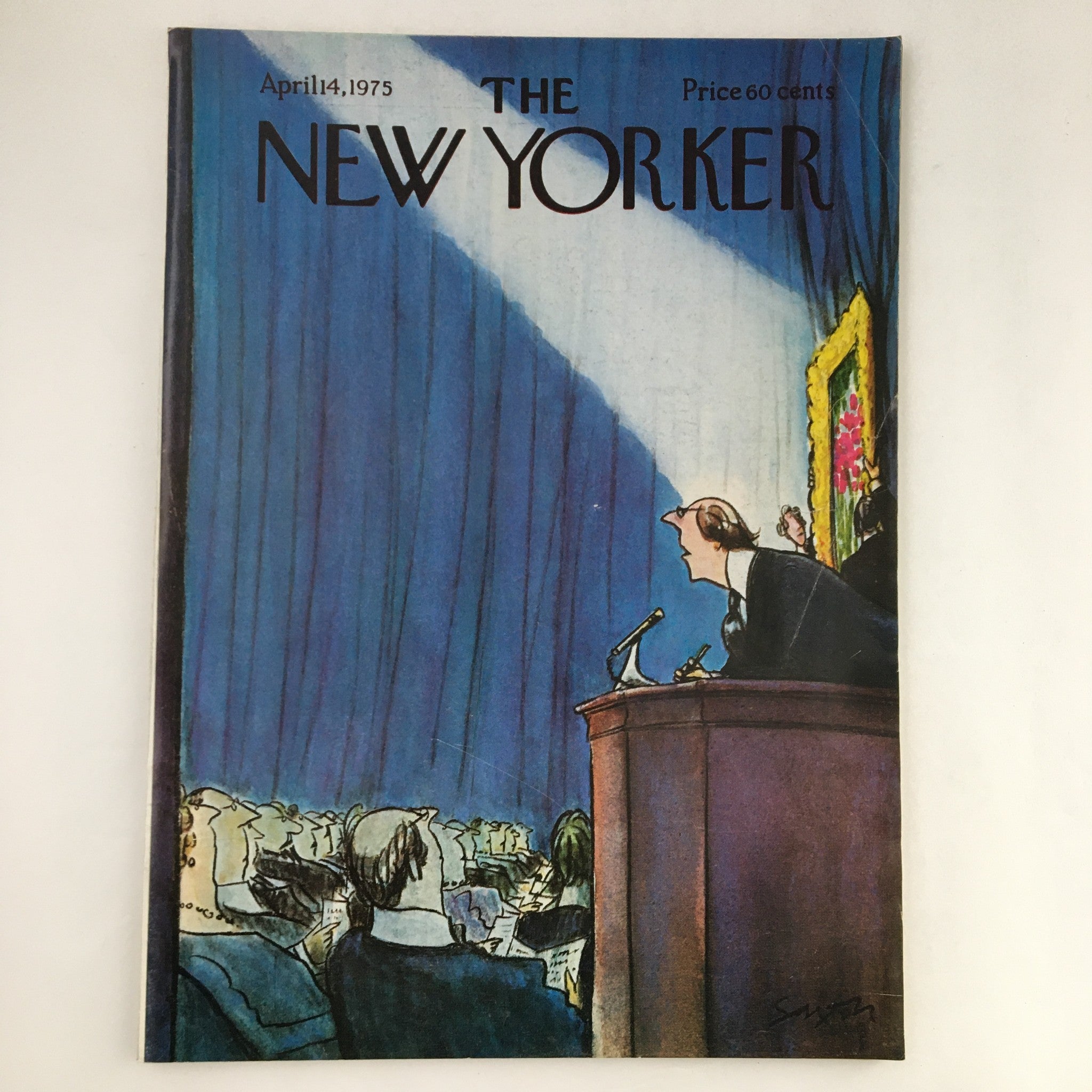 Cover of The New Yorker Magazine from April 14, 1975, featuring the artwork 'Utopia of a Tired Man' by Charles Saxon, depicting a speaker at a podium with an audience in silhouette.
