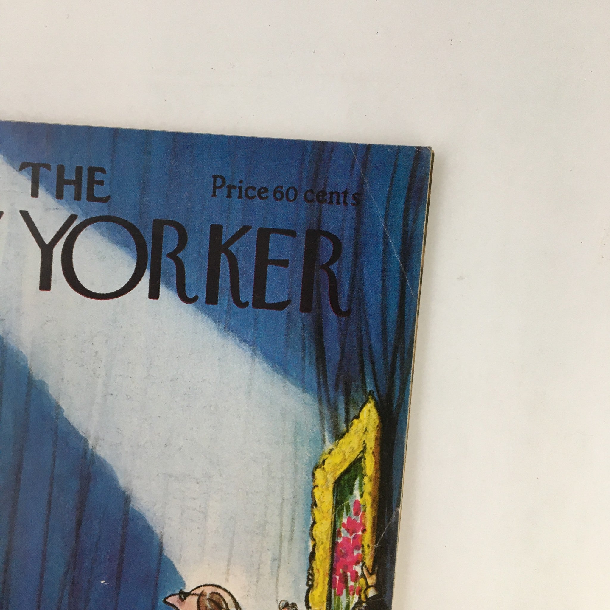 Close-up of the cover of The New Yorker Magazine, April 14, 1975, showing the title and price of 60 cents, along with the artwork 'Utopia of a Tired Man' by Charles Saxon.