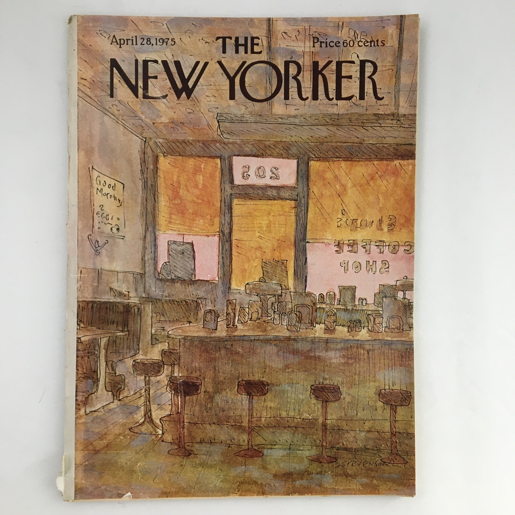 The New Yorker Magazine April 28 1975 cover featuring the illustration 'Coffee Shop Morning' by James Stevenson, showcasing a coffee shop interior with barstools and vibrant colors.
