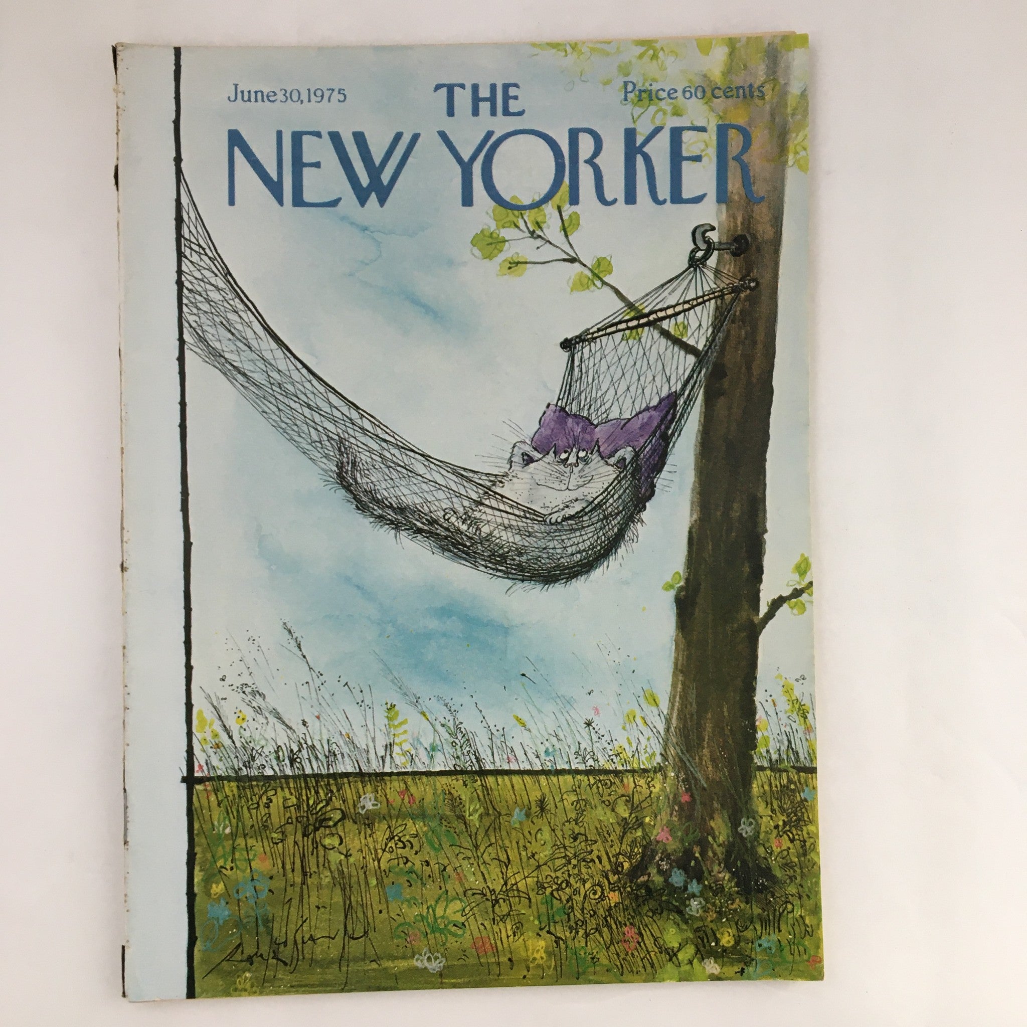The New Yorker Magazine June 30 1975 cover featuring Cat in a Swing illustration by Ronald Searle, showcasing a cat relaxing in a hammock under a tree.