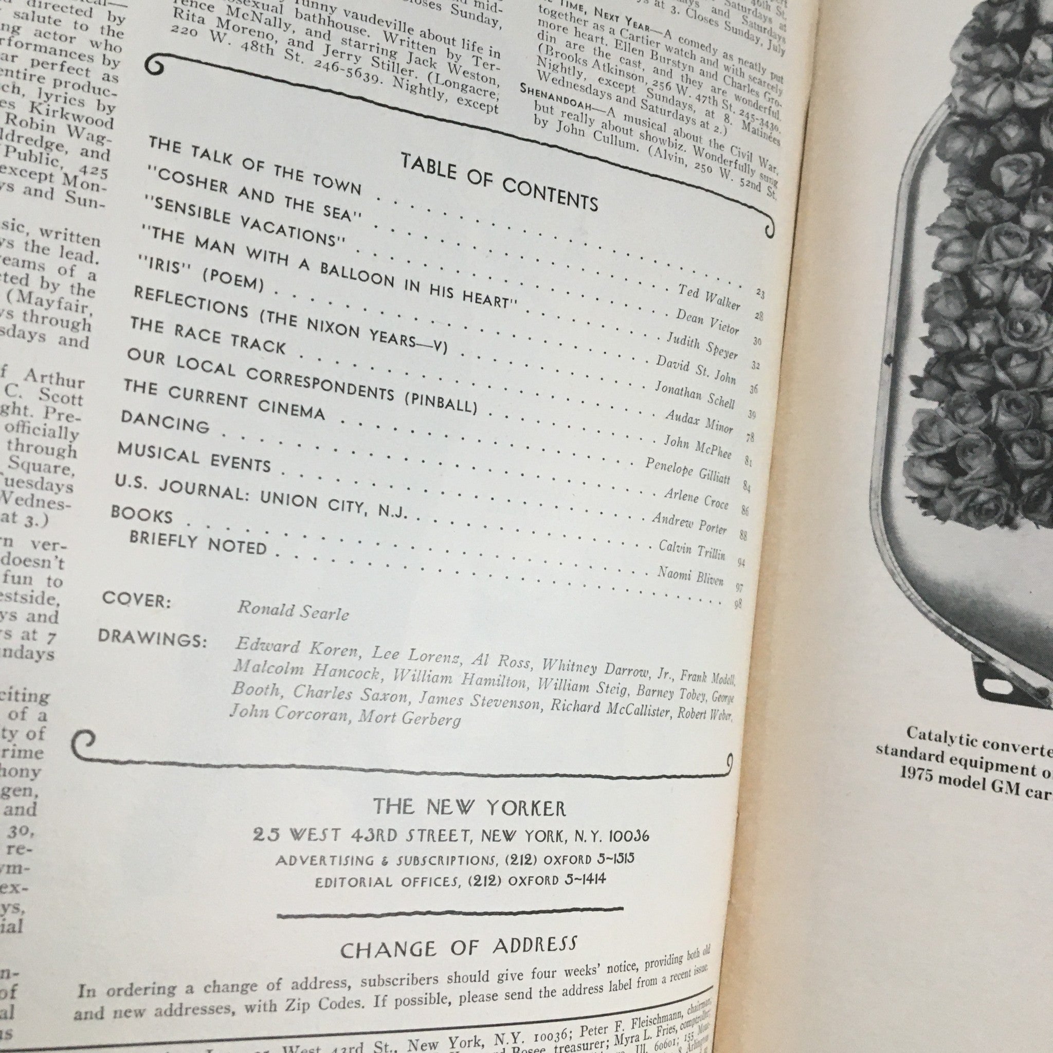 The New Yorker Magazine June 30 1975 Table of Contents page, highlighting articles and features from that issue, including contributions by Ronald Searle.