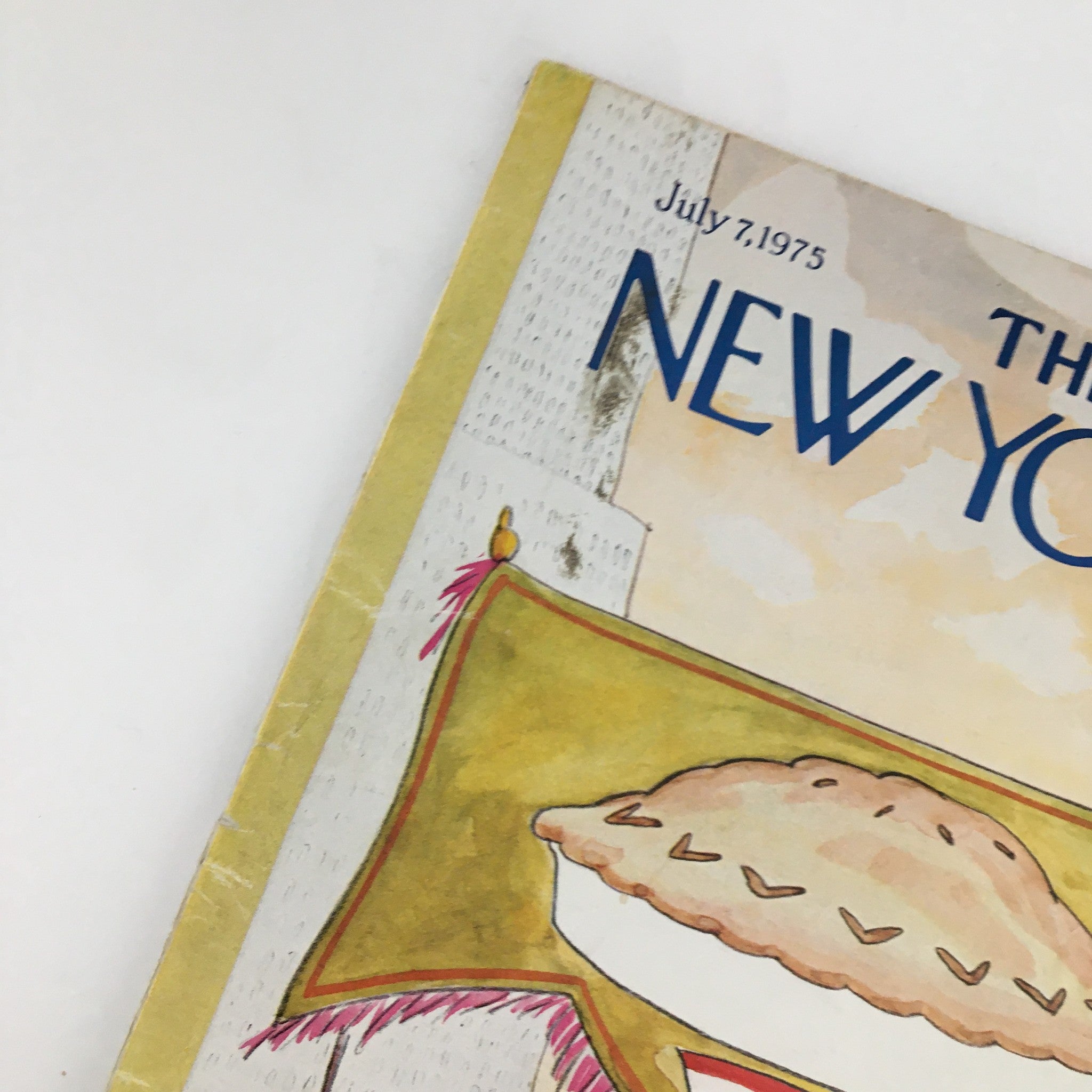 Close-up of The New Yorker Magazine July 7 1975 The Apple Pie March showing the prominent title and the detailed illustration of the pie and marching apples.