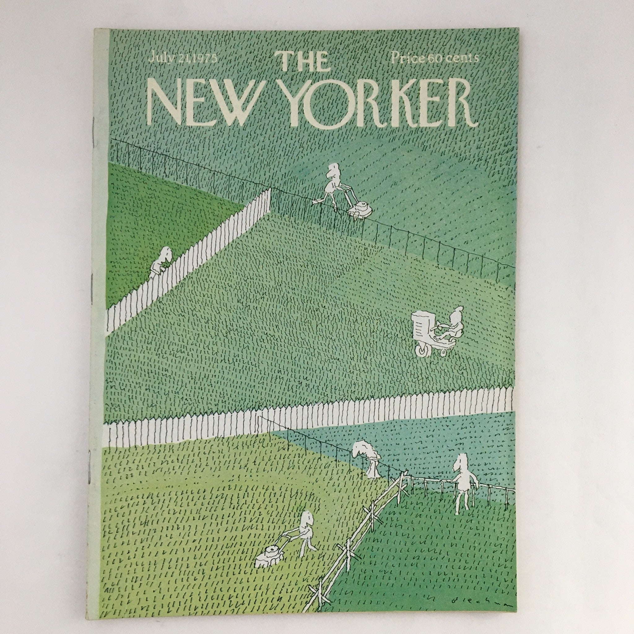 Cover of The New Yorker Magazine July 21, 1975 featuring a unique illustration by R.O. Blechman, showcasing whimsical figures in green fields.