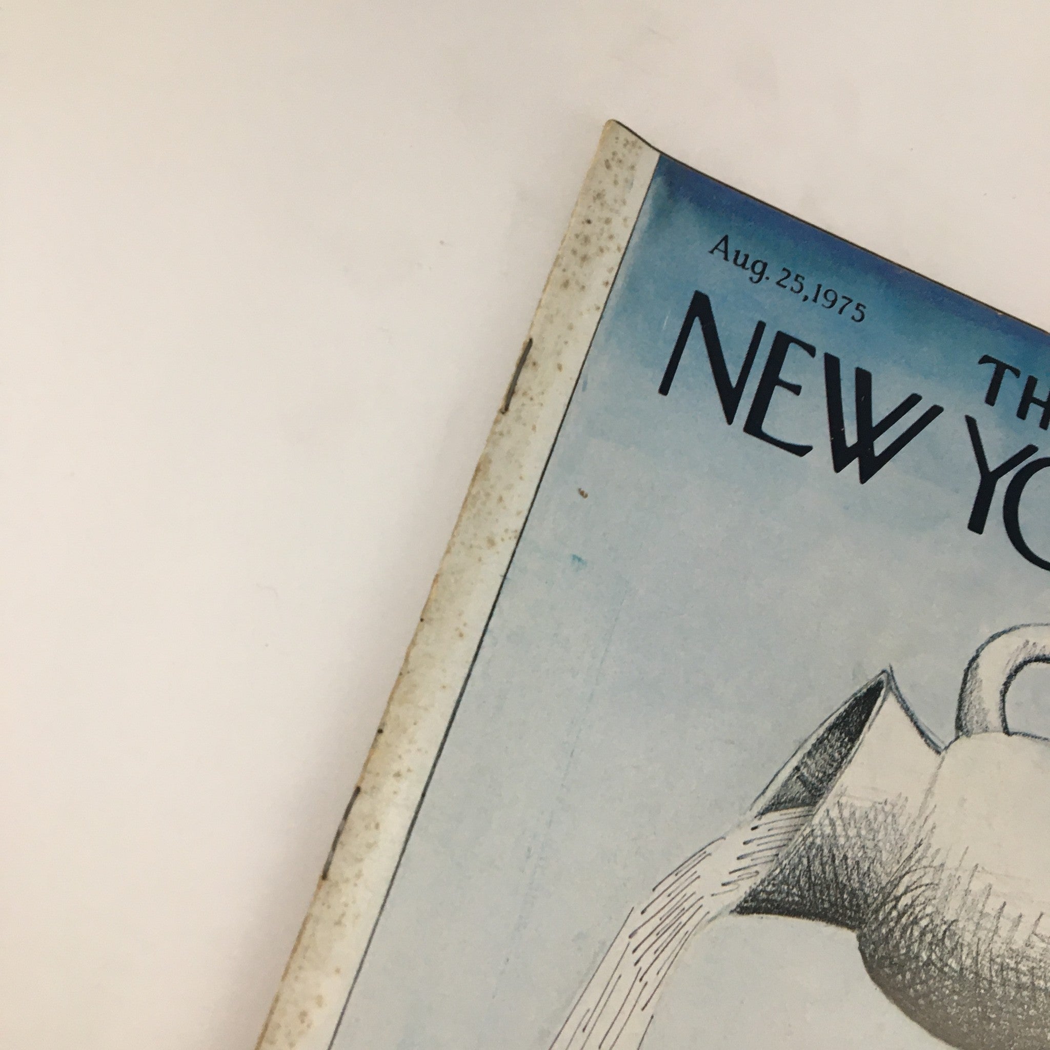 Close-up view of The New Yorker Magazine August 25 1975 cover, focusing on the unique art by Saul Steinberg, showcasing a pitcher and whimsical landscape.