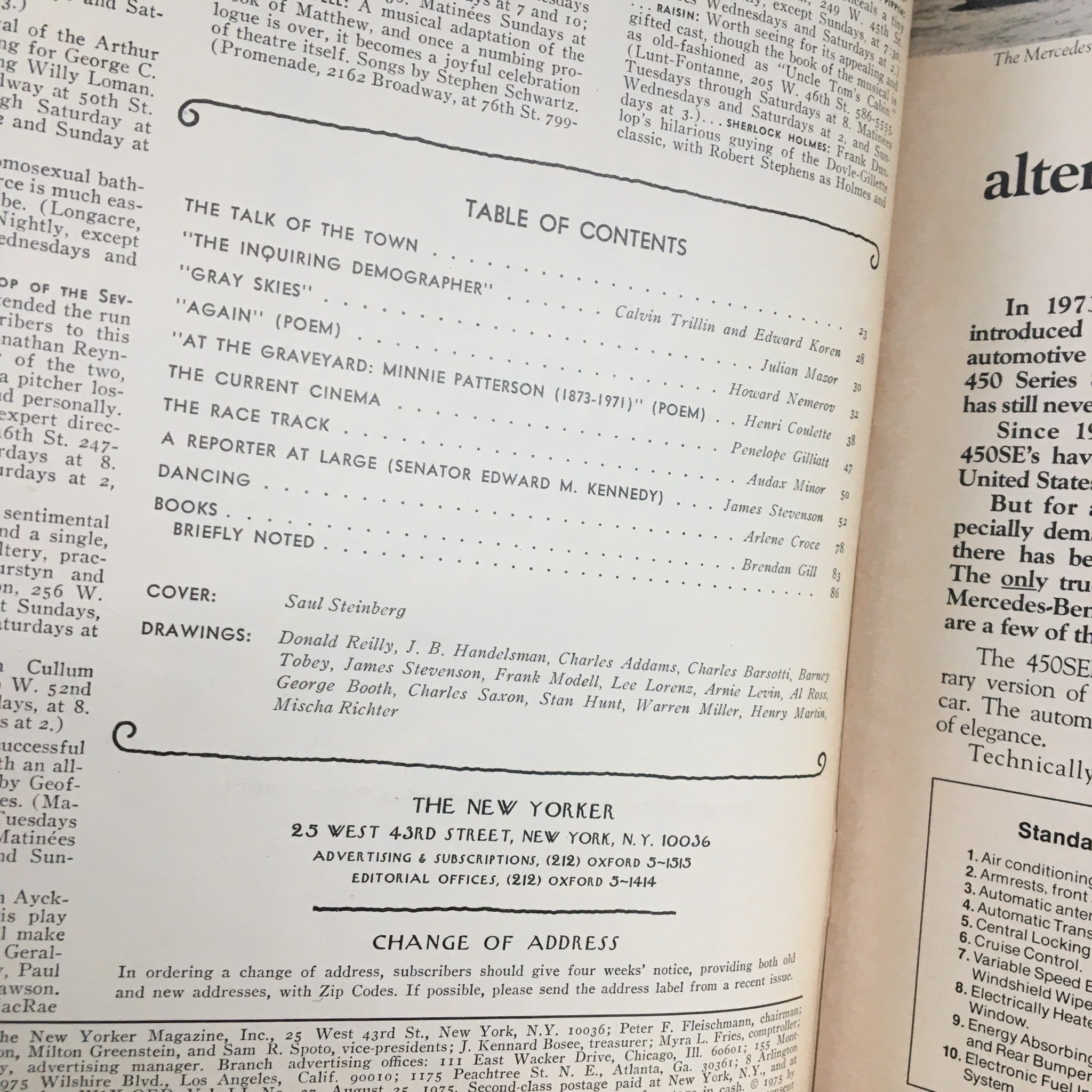 Table of contents page from The New Yorker Magazine August 25 1975, highlighting articles and illustrations by Saul Steinberg and other contributors.