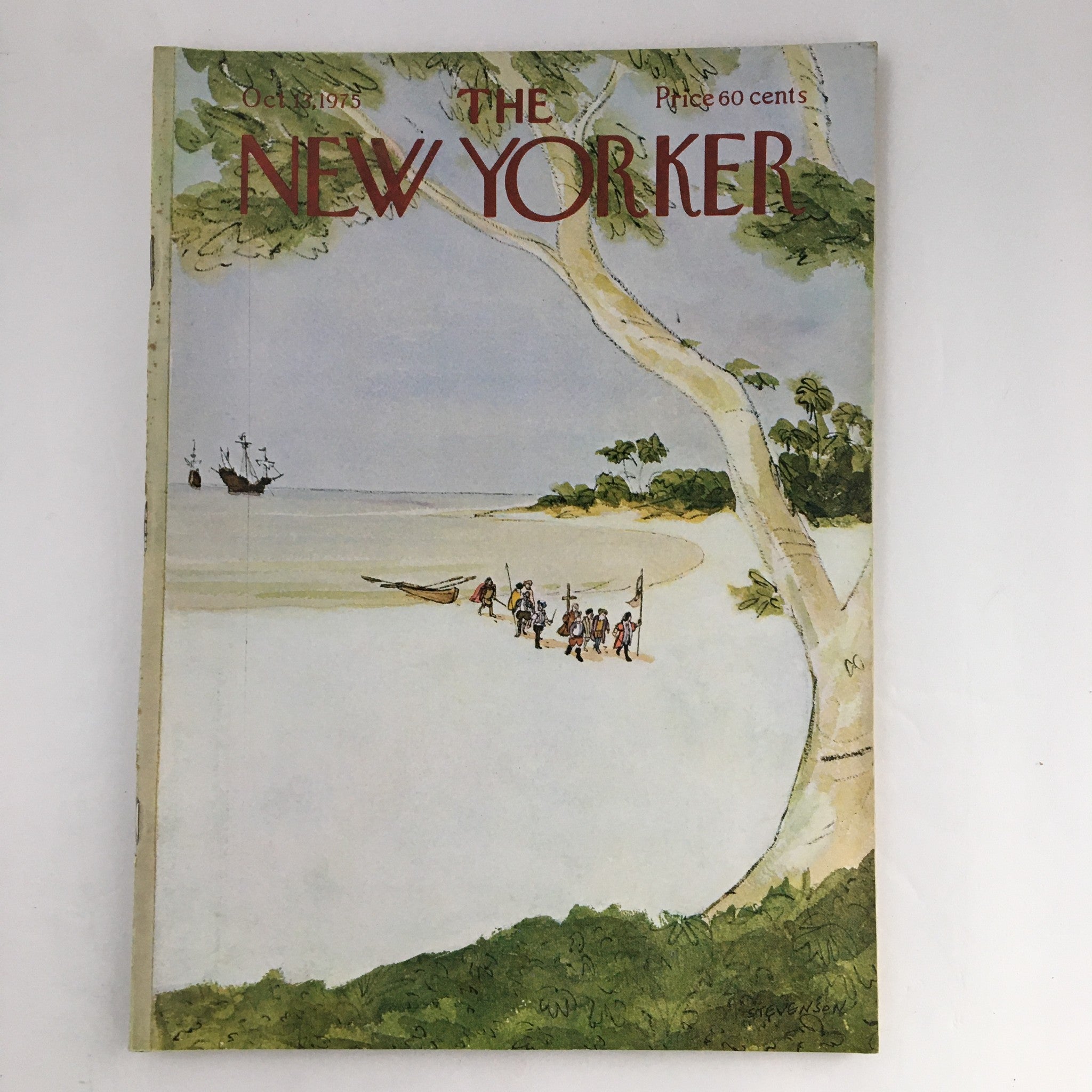 The New Yorker Magazine cover from October 13, 1975 featuring 'The Pirates' by James Stevenson, showcasing a serene beach scene with explorers and ships.