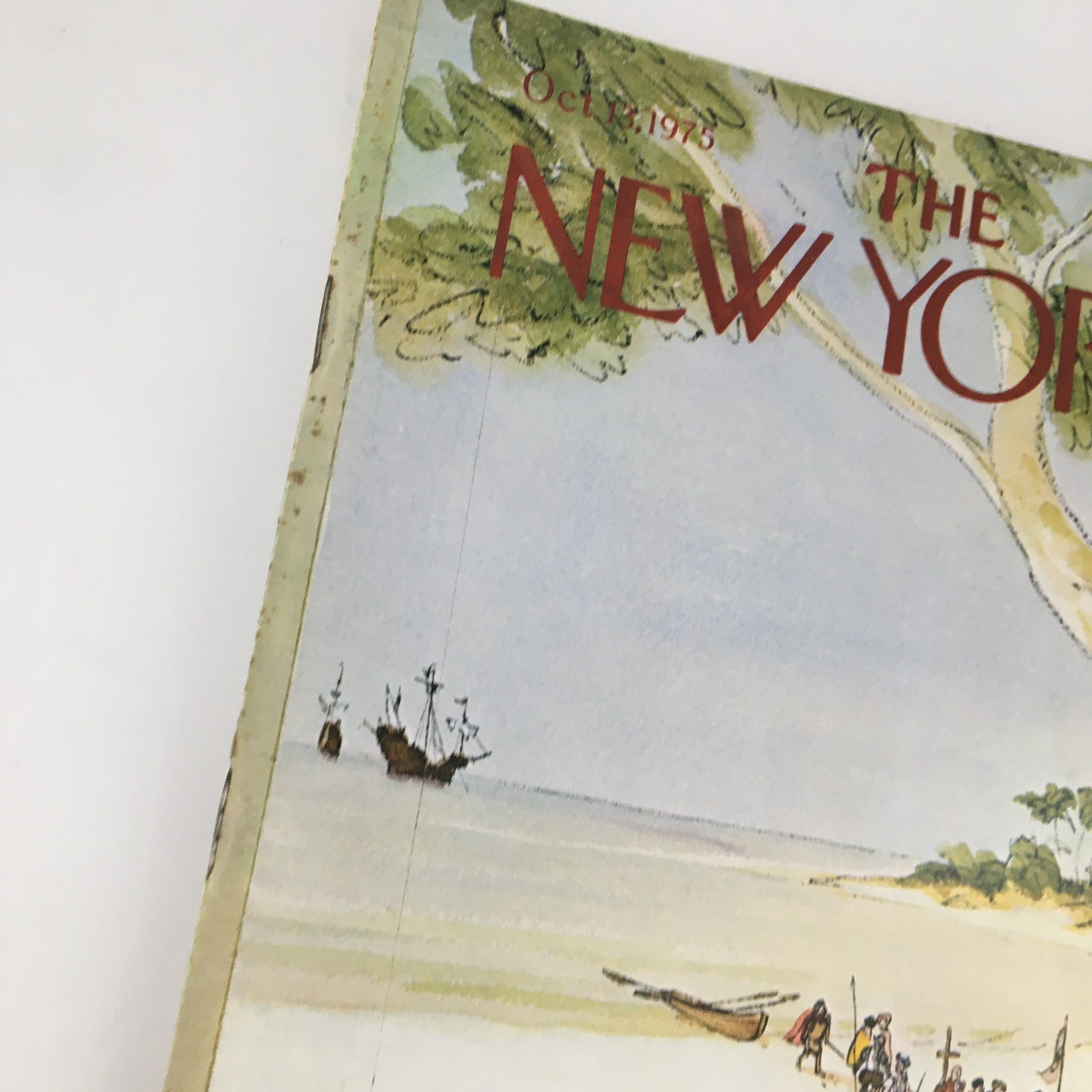 Close-up view of The New Yorker Magazine cover from October 13, 1975 highlighting the artistic details of 'The Pirates' by James Stevenson, with a beach and ship illustration.