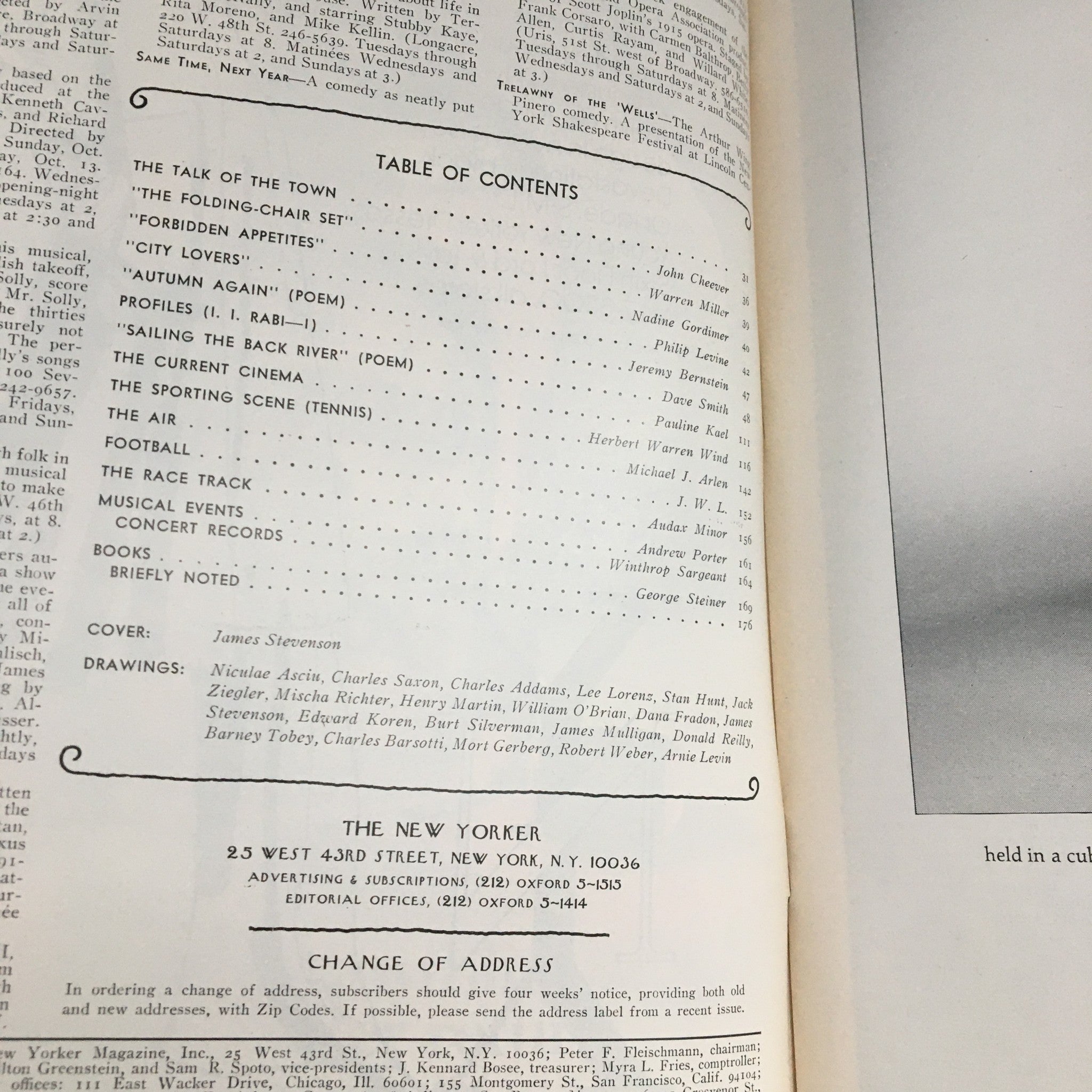 Table of contents page from The New Yorker Magazine, October 13, 1975, listing articles including 'The Pirates' by James Stevenson and various features of the issue.