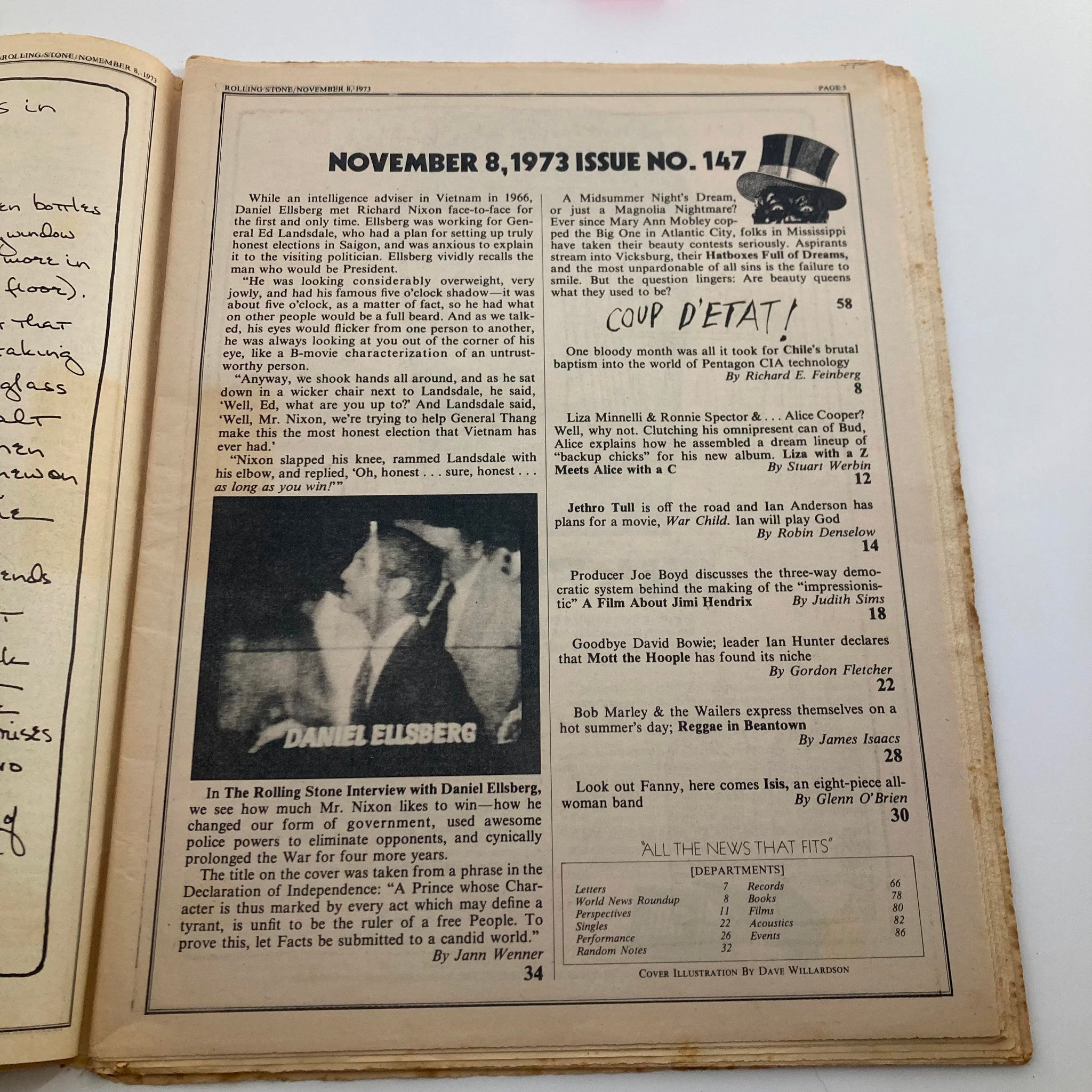 Inside page of VTG Rolling Stone Magazine November 8, 1973, Issue No. 147, showcasing an excerpt from the Dan Ellsberg interview alongside additional magazine content.