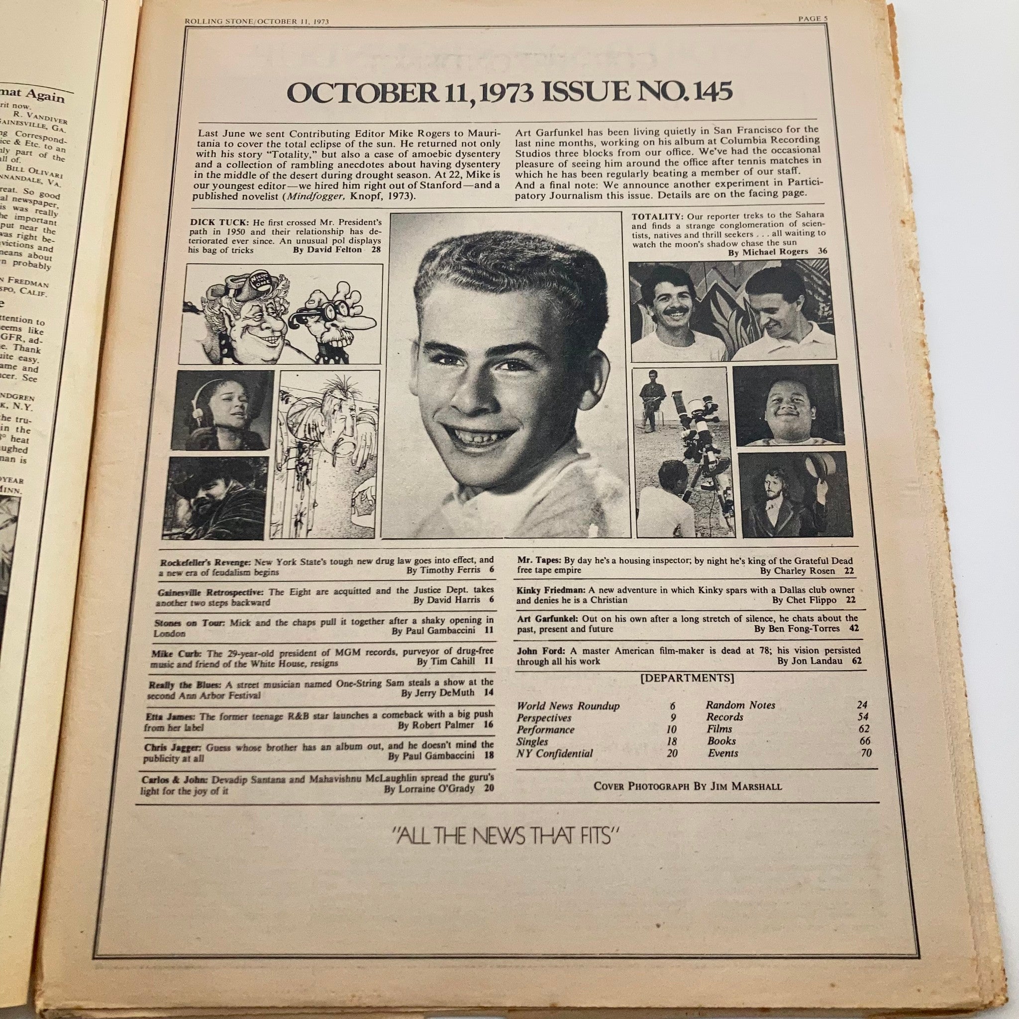 Inside page of VTG Rolling Stone Magazine October 11 1973 No. 145, detailing articles and interviews including coverage of Art Garfunkel and significant events of the era.