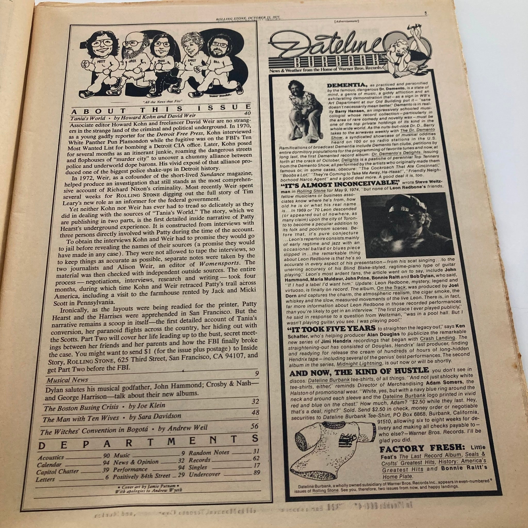 Interior page from VTG Rolling Stone Magazine October 23, 1975, No. 198 showing editorial content about Patty Hearst and Emily Harris including cartoon illustrations and articles.