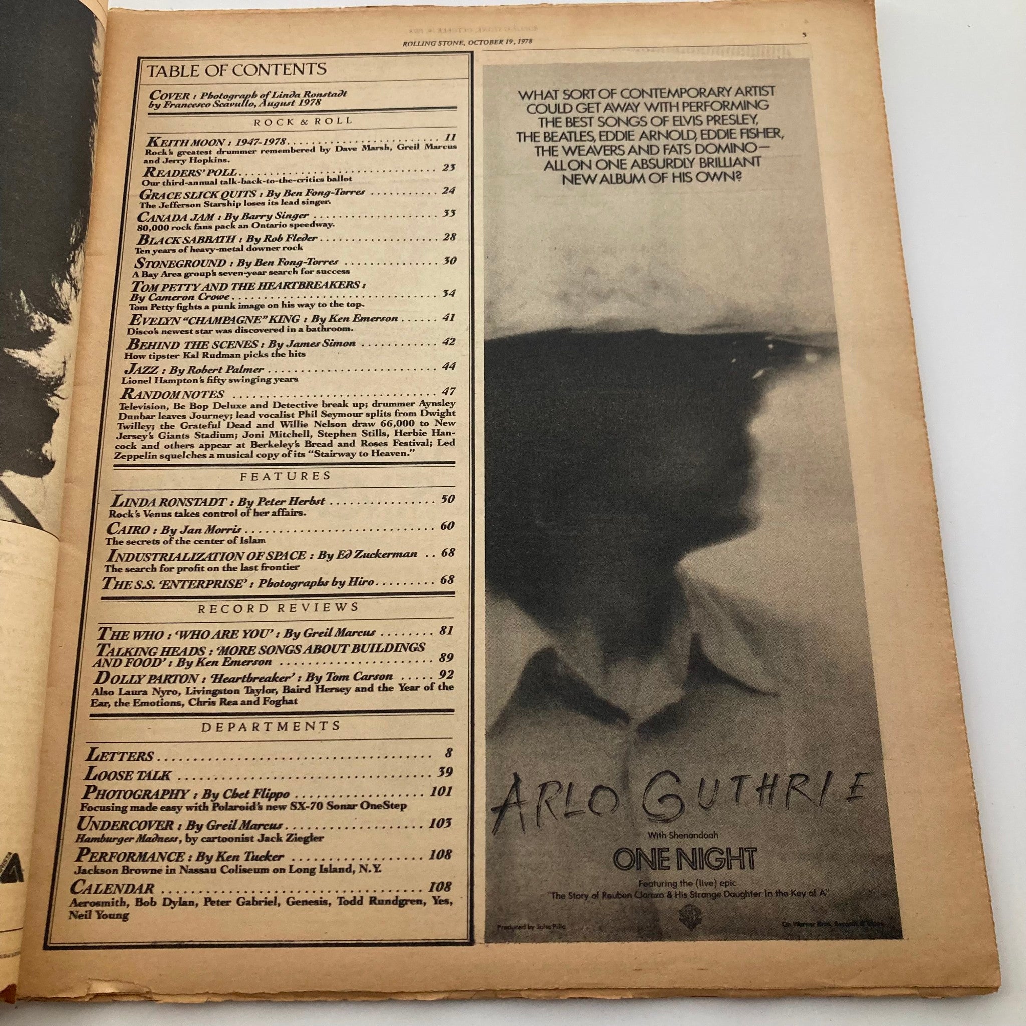 Vintage Rolling Stone Magazine October 19 1978 table of contents featuring Linda Ronstadt and music articles including Arlo Guthrie and The Who.