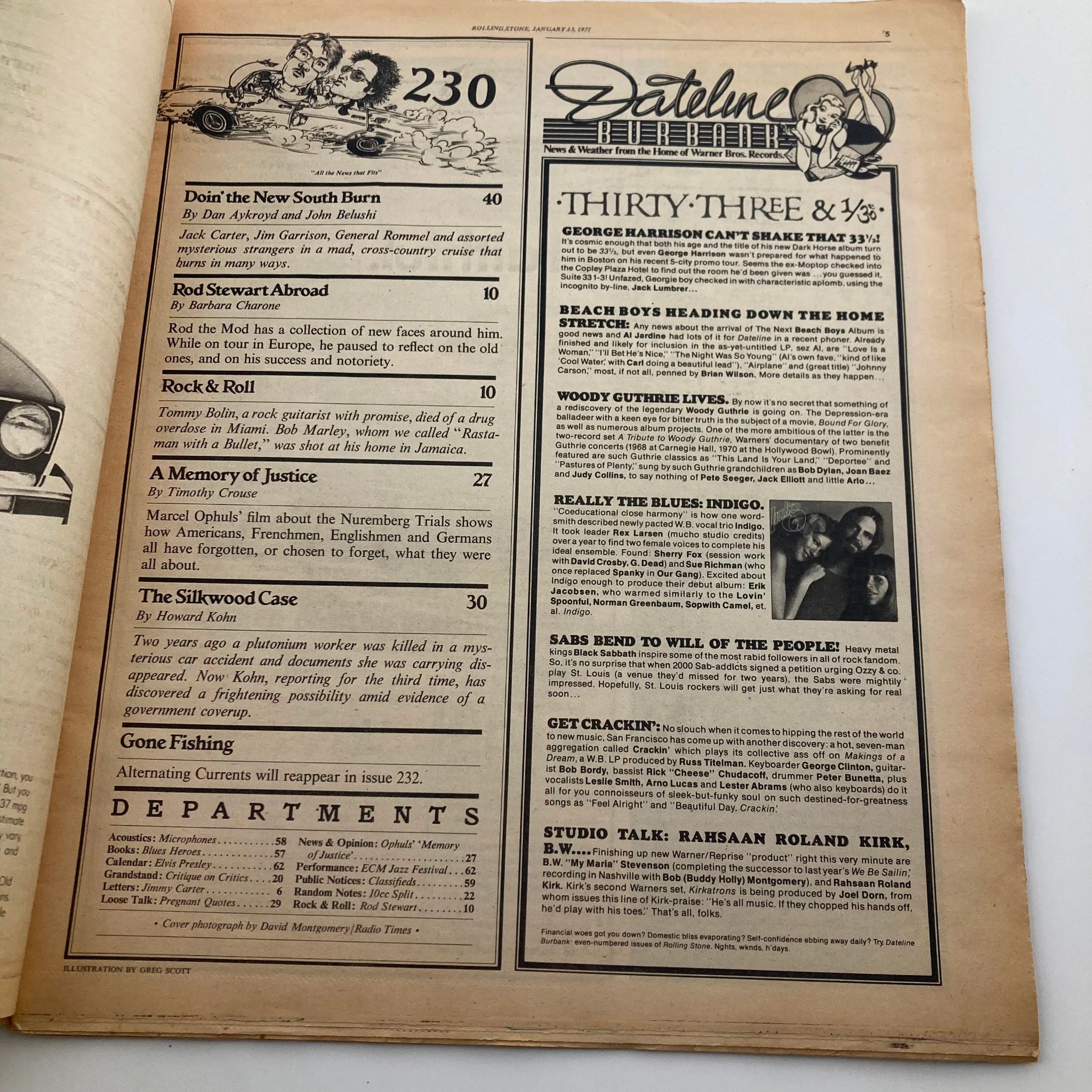 Interior page of the VTG Rolling Stone Magazine January 13, 1977, issue No. 230 displaying the Dateline section. This page includes article titles and insights relevant to the cultural landscape of the era, including 'Rod Stewart Abroad'.