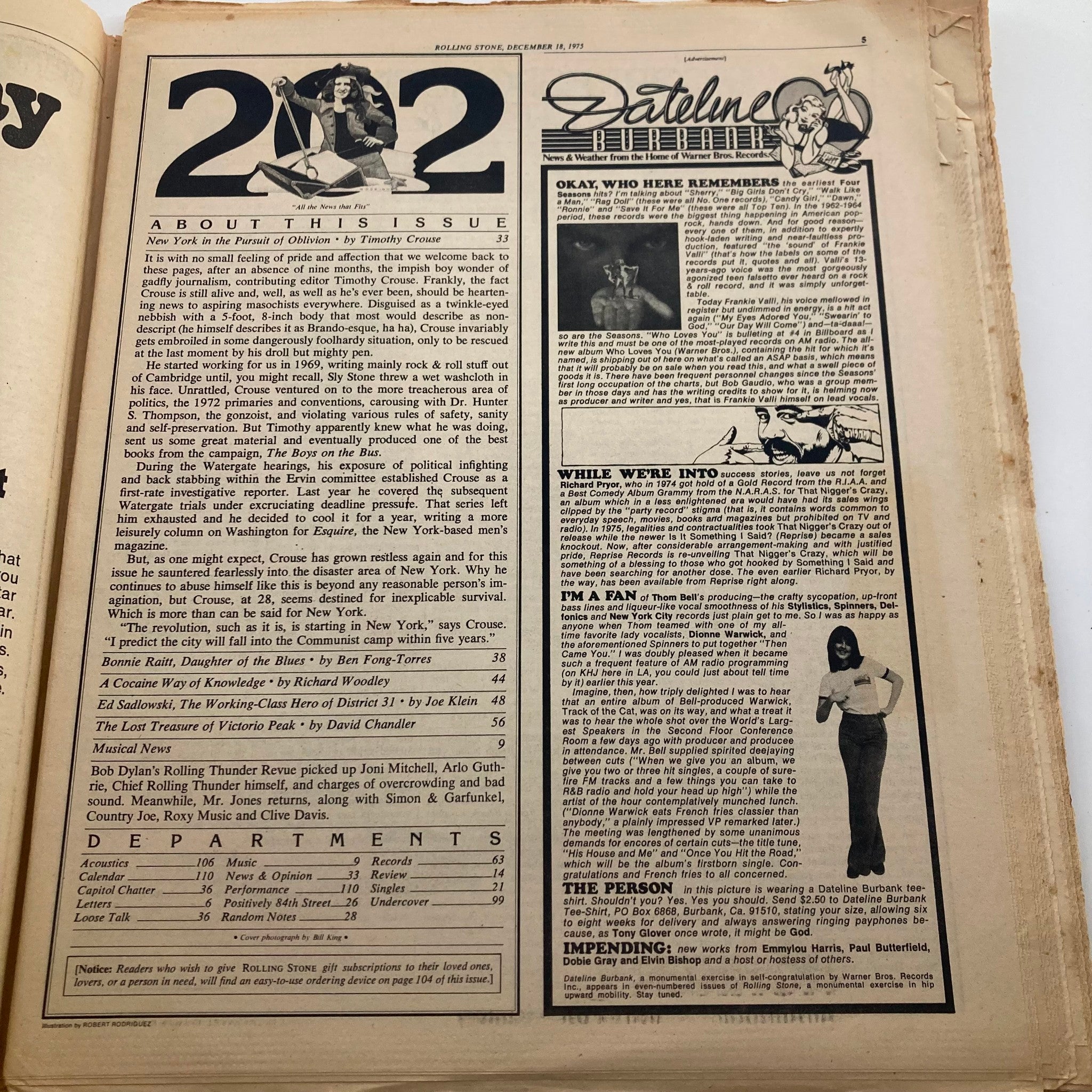 Inside page of the Rolling Stone Magazine, December 18, 1975, featuring the table of contents and articles, including Bonnie Raitt's interview, in issue No. 202.